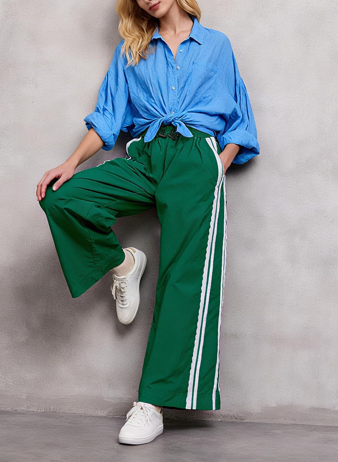 Baggy Track Pants Women Wide Leg Y2K Casual Drawstring Striped Contrast Color Lace Side Workout Pants - Image 9