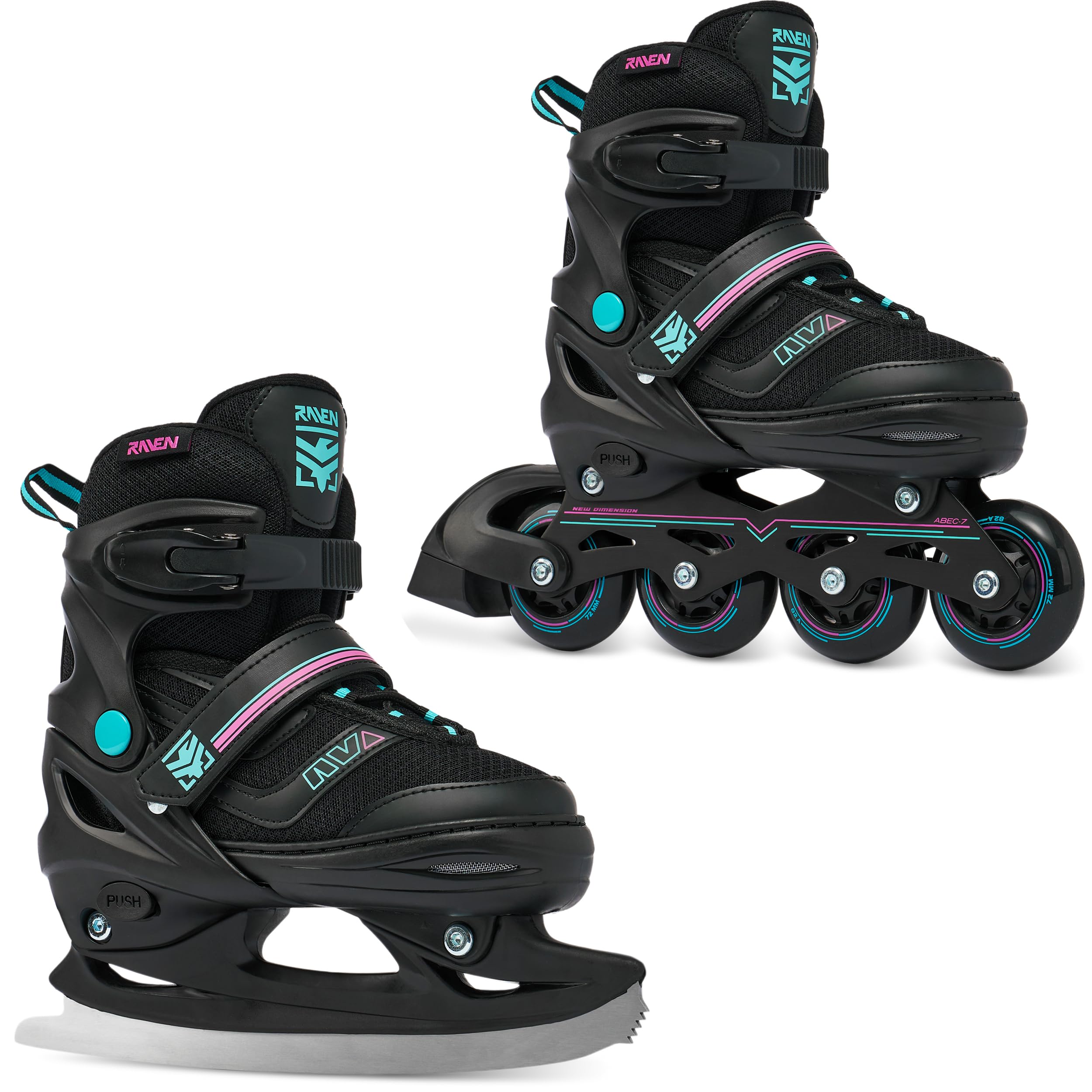 Raven - Pattini a rotelle per bambini, ragazze, ragazzi, adulti, bambini - Pattini a rotelle 2 in 1 con lame da ghiaccio - Regolabili