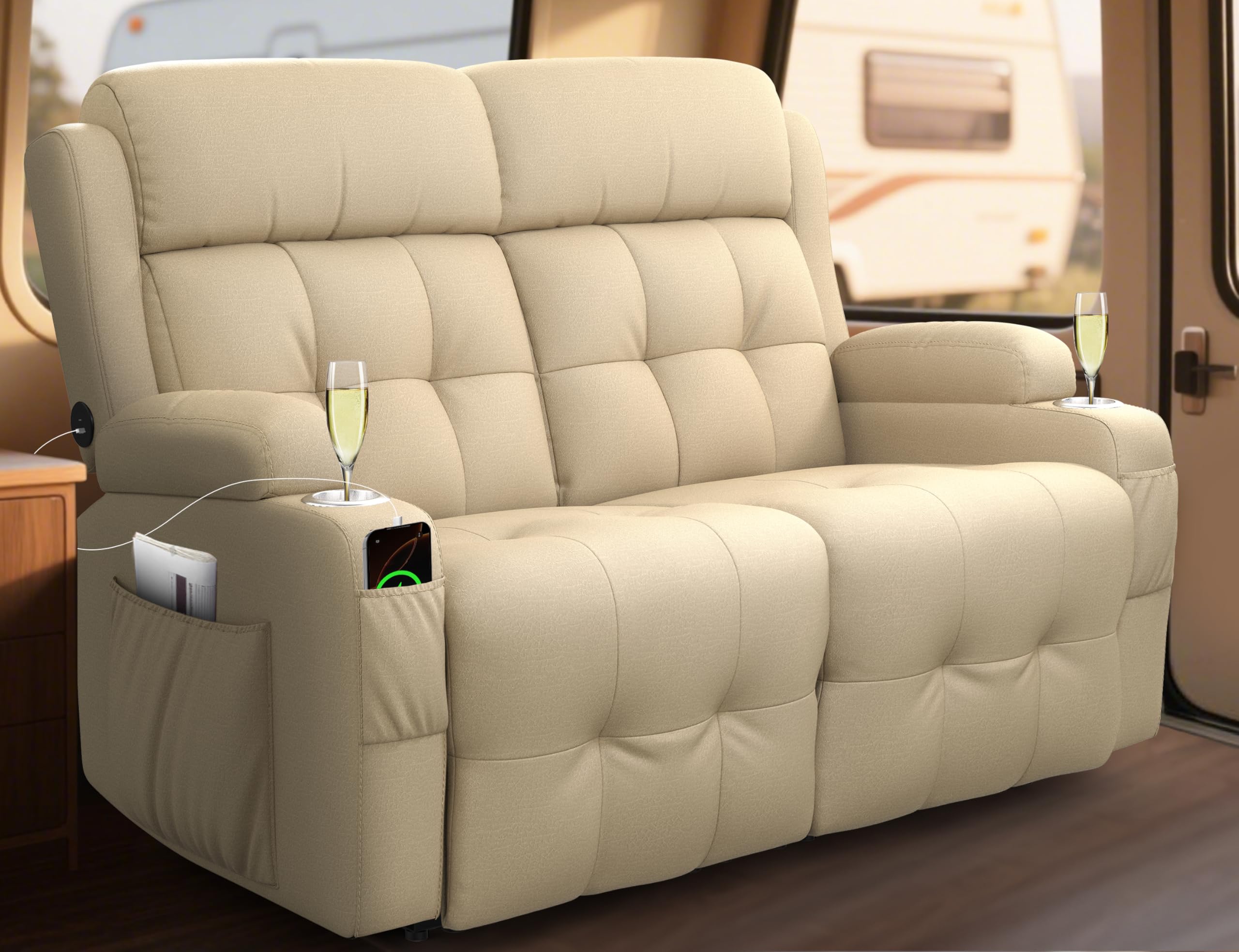 Tiooii RV Loveseat Recliner Sofa, Wall Hugger Recliners with USB Port, Cup Holders & Storage Pockets, Pebbled Fabric Reclining Couch, 150° Manual