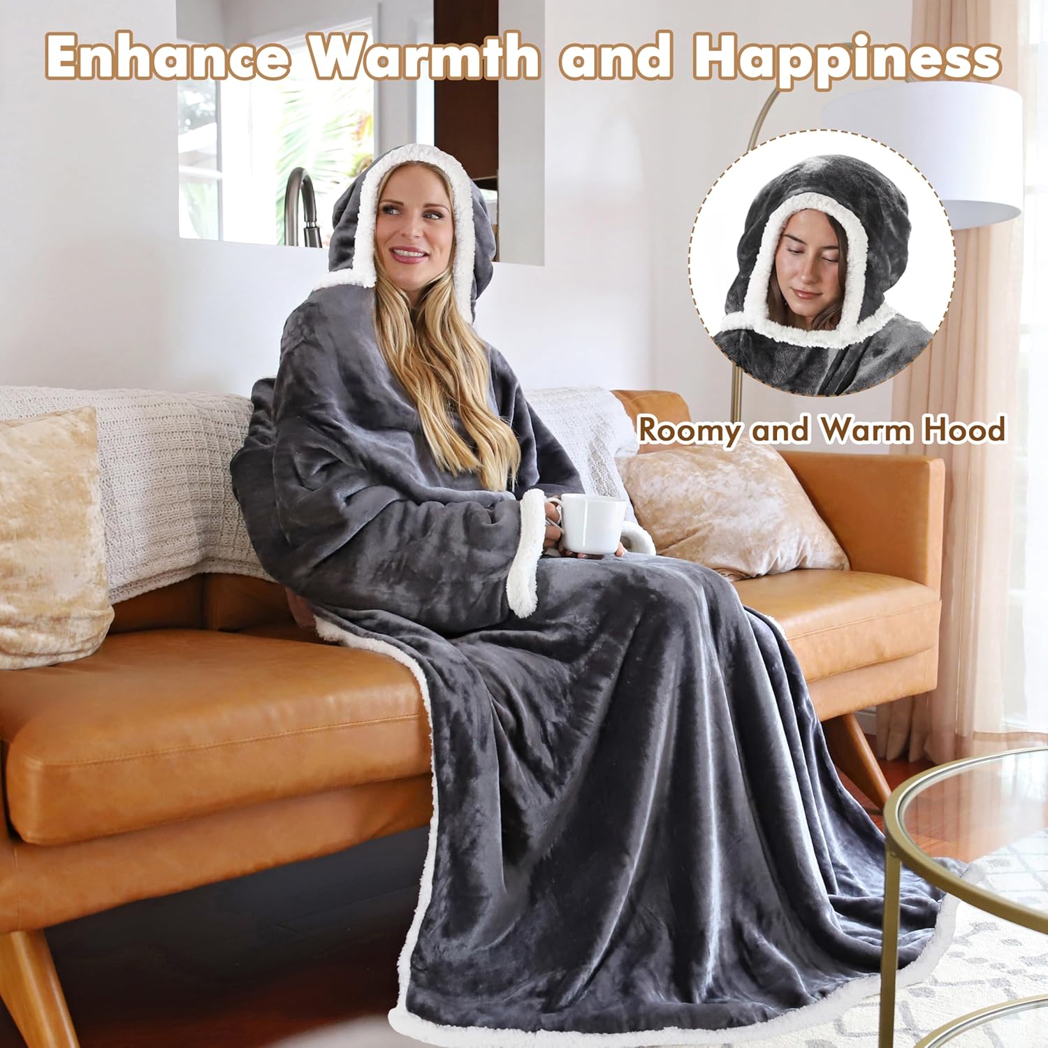 Tirrinia Hooded Wearable Blanket with Sleeves, Full Body Throw Reading Wrap TV Blankets, Cozy Flannel Blanket Robe, Snuggle Gift for Adult Women Men Mom Grandma