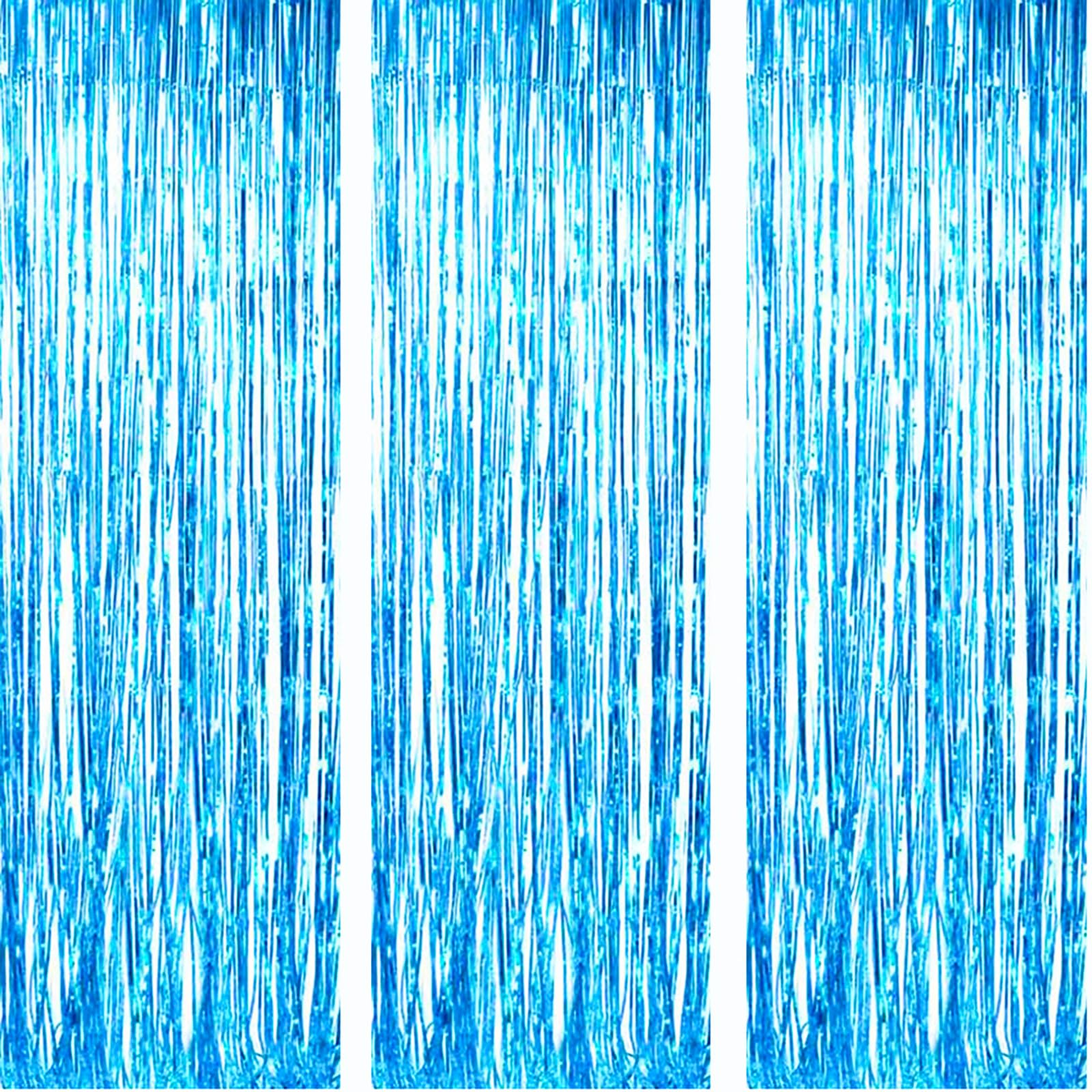 AILEXI Set di 3 tende in metallo con frange luccicanti per decorazioni per feste di compleanno, matrimoni, 92 x 245 cm, colore: azzurro