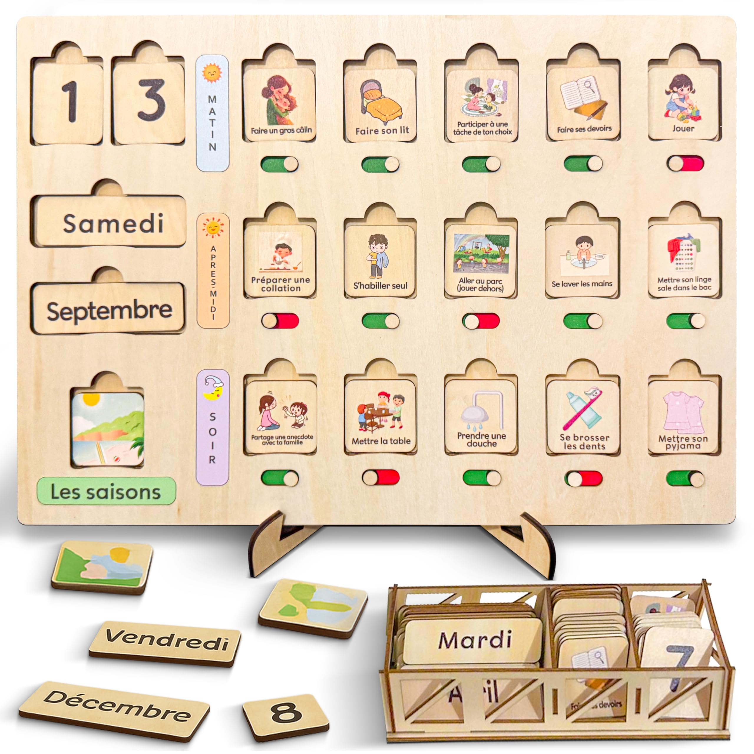 Planning Journalier pour Enfants Montessori +60 Étiquettes pour Les Routines Quotidiennes, Activités, Calendrier et Saisons, Apprentissage dès 3 Ans- Adapté TDAH/TSA