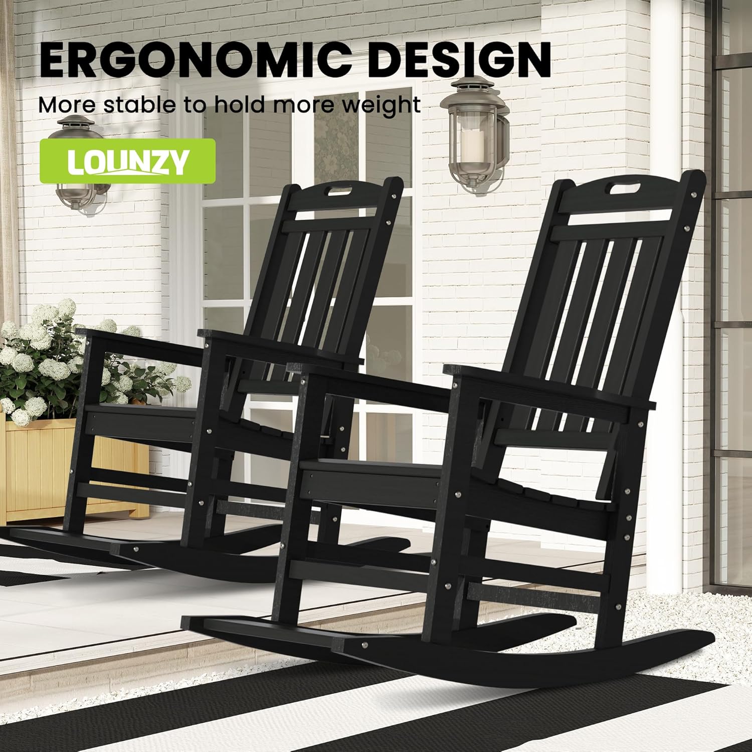 LOUNZY Outdoor Rocking Chair with Footboards Set of 2, HDPE Rocking Chair Patio Porch Rocker with 380lbs Support for Adult, Black