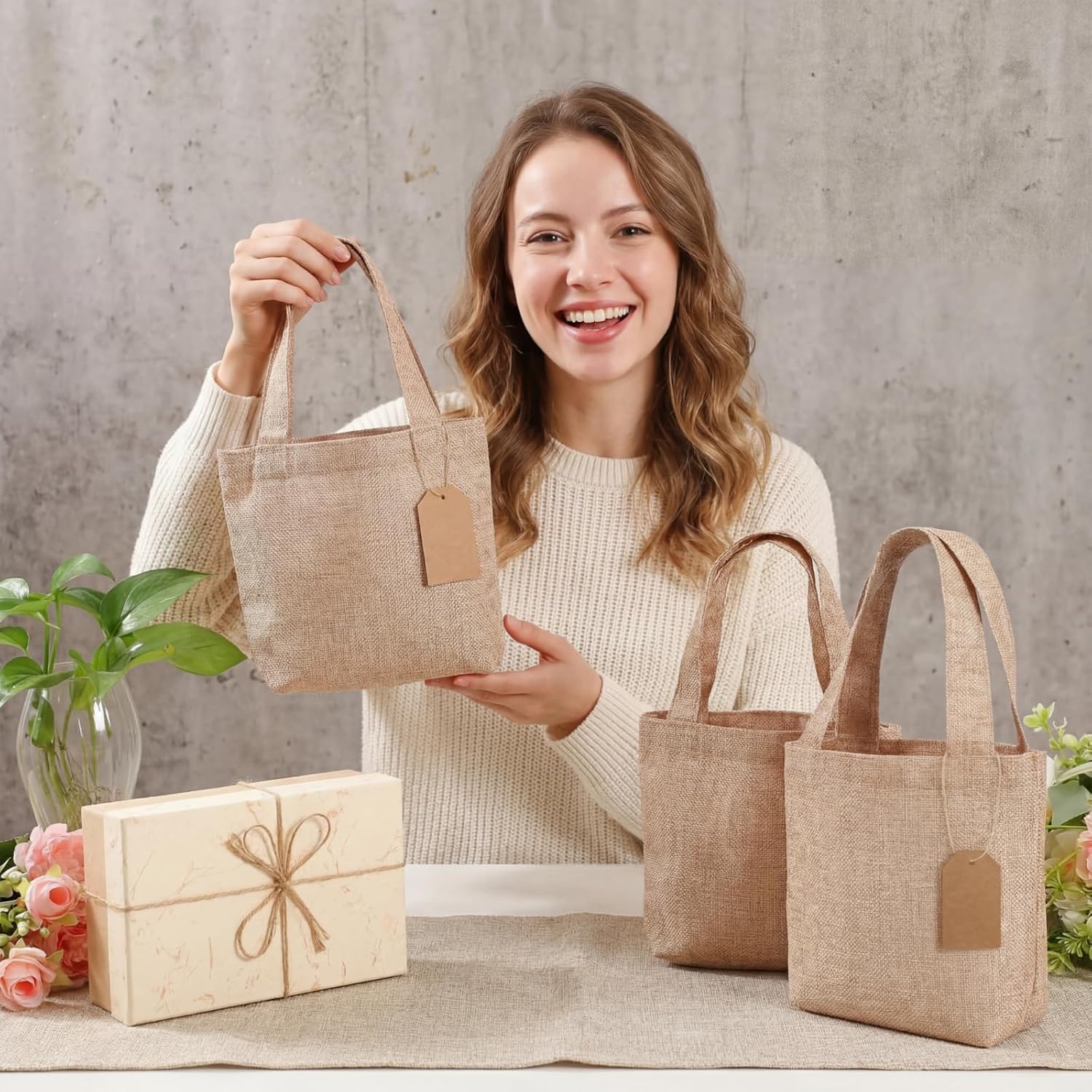 Aliceset 12 Pcs Mini Burlap Tote Bags with Handles Reusable Burlap Gift Bags with Tags Small Wedding Welcome Bridesmaids Jute Bag Bulk for Party Supplies DIY Craft (6.3 x 6.3 x 2.8 Inch,Light Brown)