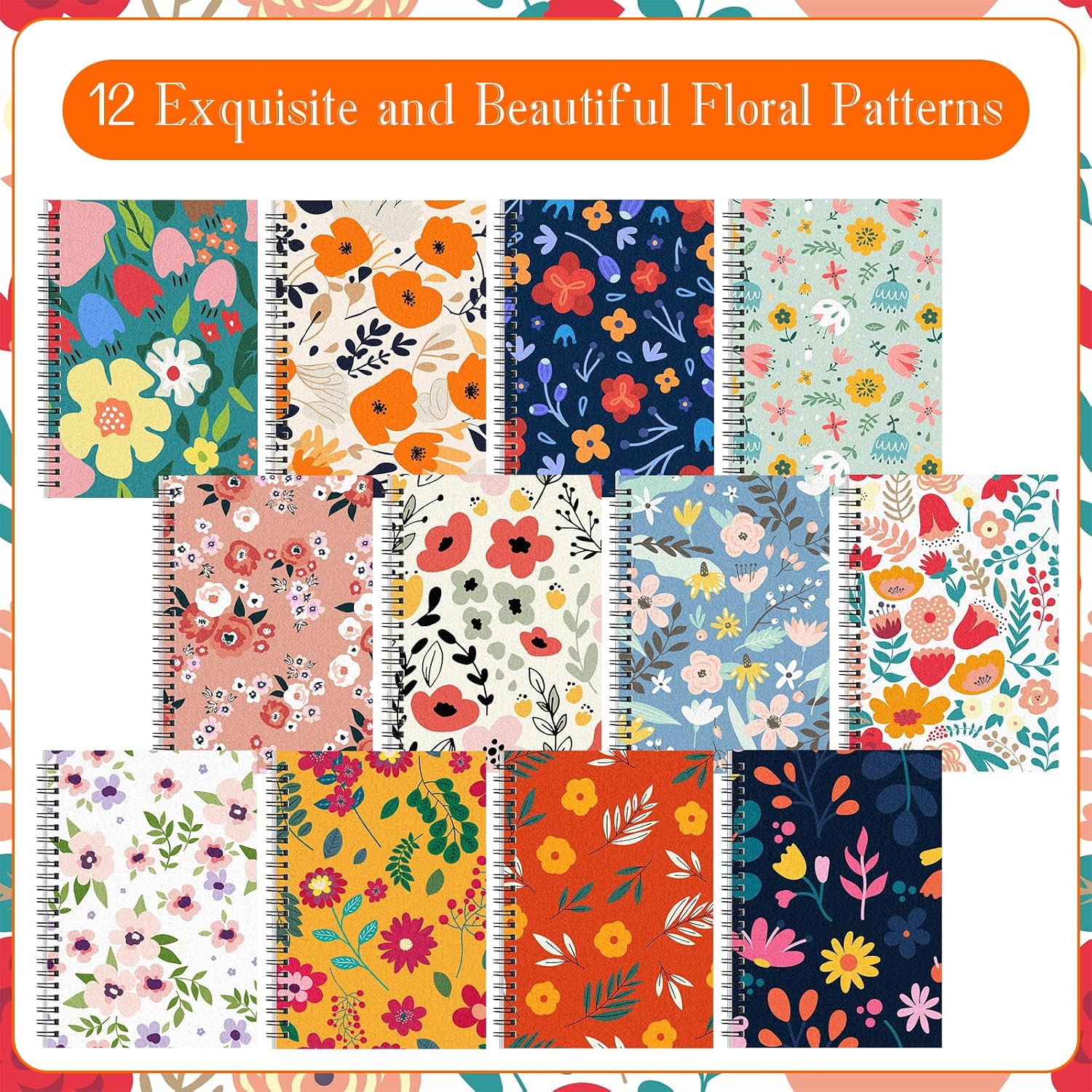 Fuutreo 12 Pcs Spiral Notebook for Work A5 8.3 x 5.7 Inch College Ruled Spiral Journal Notebook Kraft Cover Ruled Paper, 12 Color, 60 Sheets, 120 Pages for Office School(Floral Color)