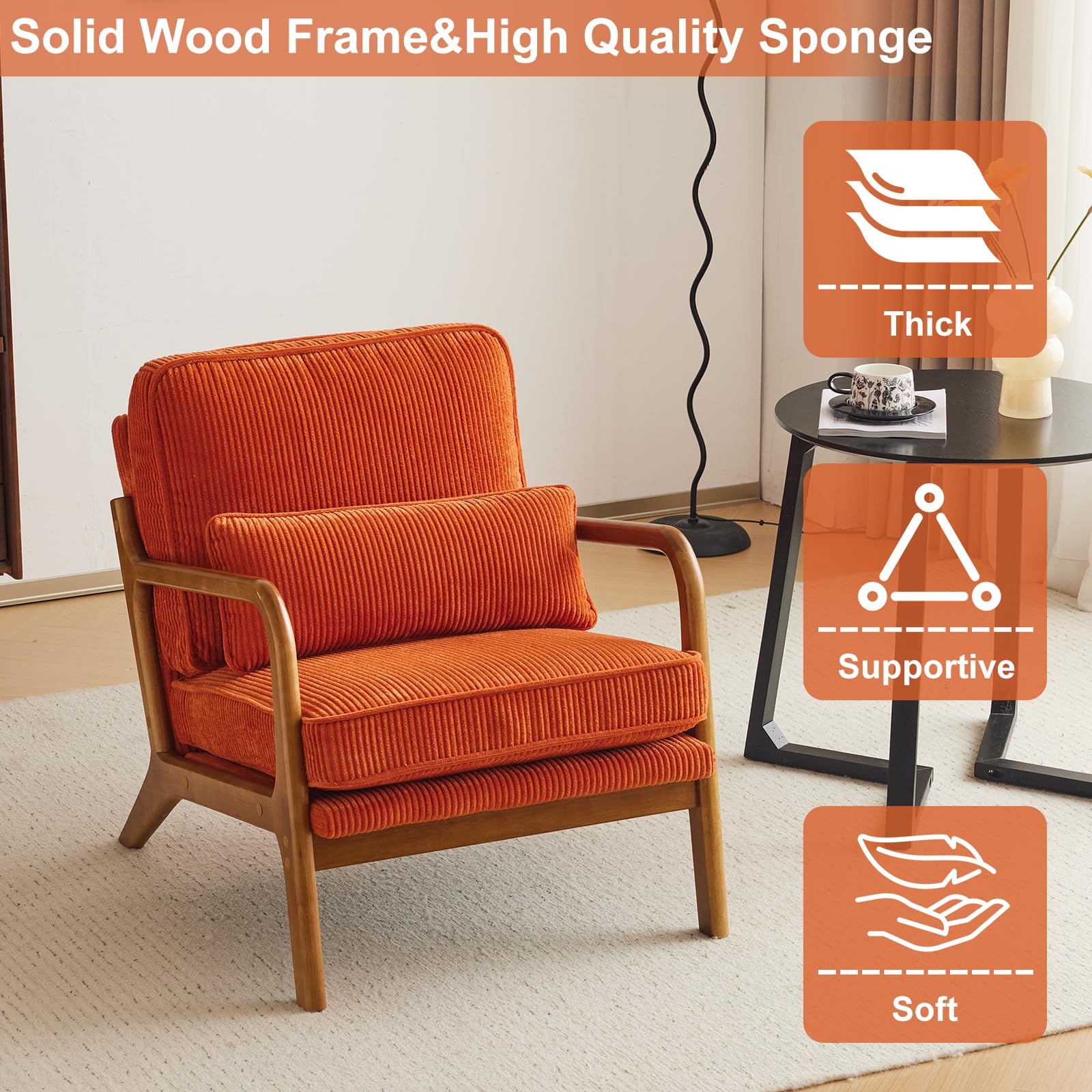 Bonnlo Sillón Butaca Individual de Salón, Estilo Nórdico Retro, Tapizado de Pana Acanalada Suave, Estructura de Madera Maciza, Cojín Incluido, 65×80×78 cm, Carga Máxima 150 kg (Naranja)