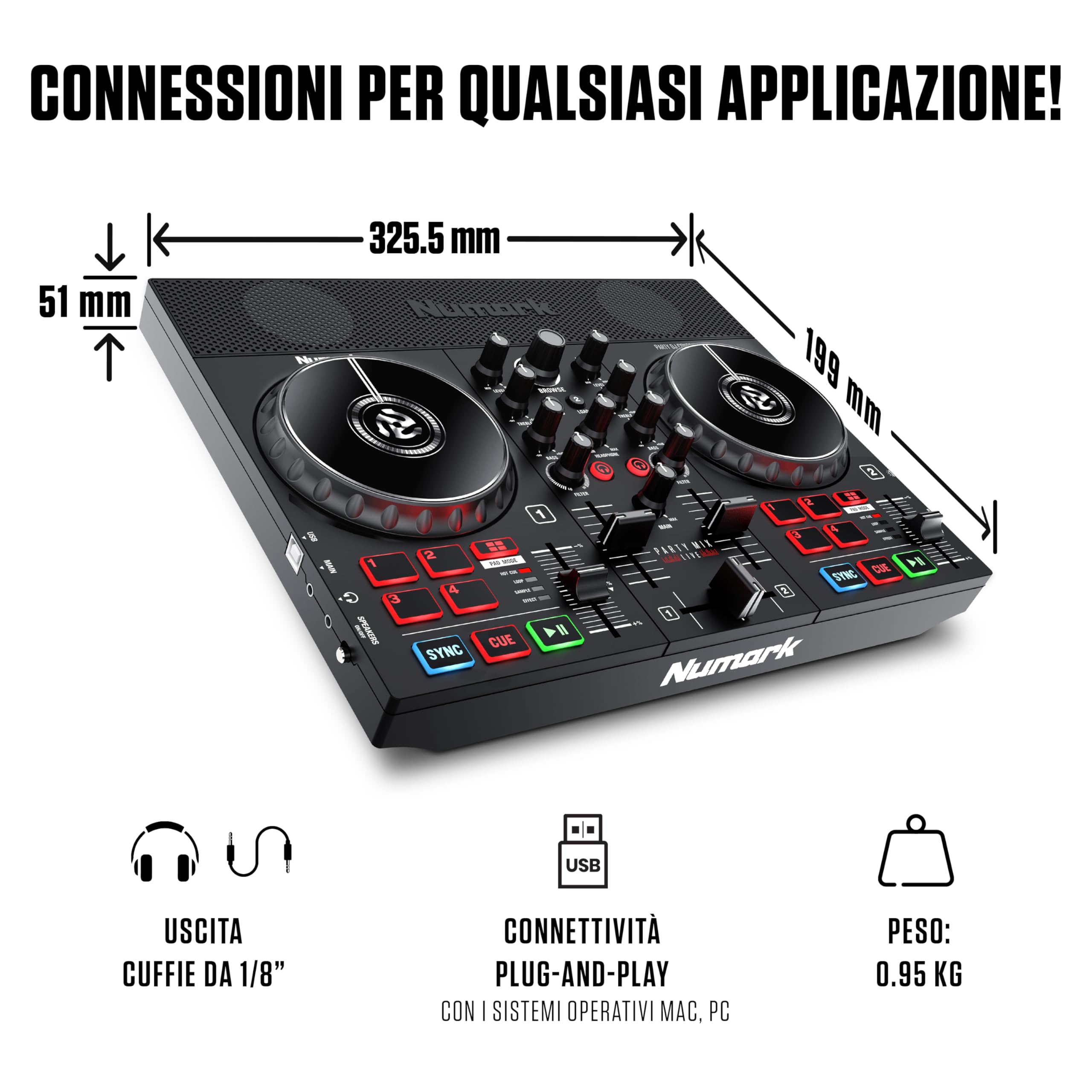 Numark Party Mix Live + HF 125 - Console DJ, Set da DJ per adulti e ragazzi con luci da discoteca, casse per DJ e mixer con Serato DJ Lite + Cuffie DJ con Filo e Serato DJ Lite