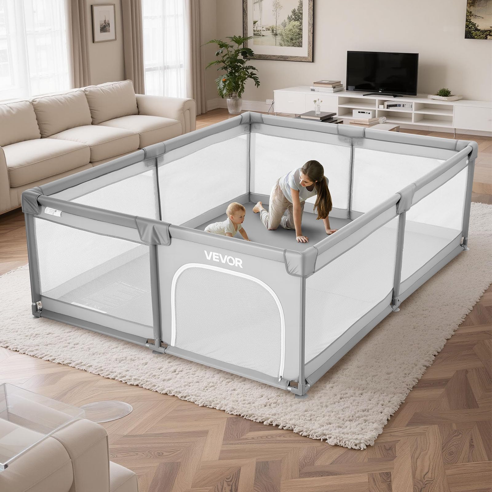 VEVOR Recinto per Bambini, 2000 x 1785 mm per Neonati, Recinto da Interno Esterno, Centro Attività di Sicurezza Senza Fessure con 50 Palline Oceaniche, Porta con Cerniera e Morbida Rete Traspirante