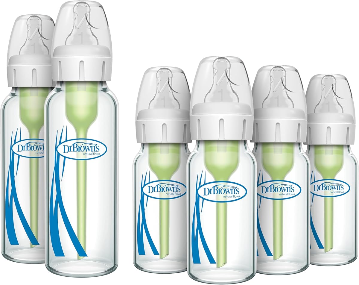 Dr. Brown's Anti-Colic Options + Narrow Glass Baby Bottle with Level 1 Slow Flow Nipple, BPA-Free, 0m+, 4 oz/120mL, 4-Pack + 8oz/250mL, 2-Pack