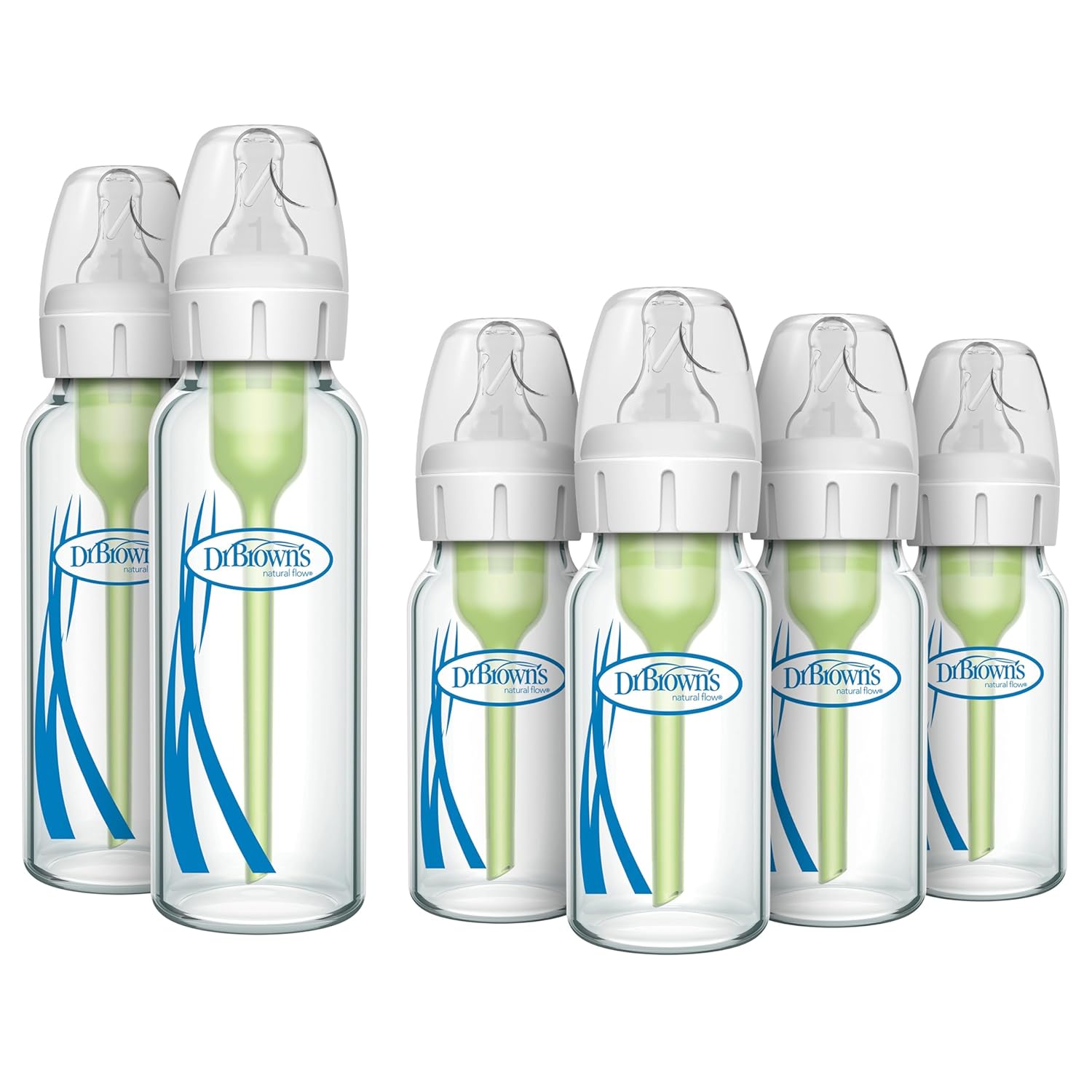 Dr. Brown's Anti-Colic Options + Narrow Glass Baby Bottle with Level 1 Slow Flow Nipple, BPA-Free, 0m+, 4 oz/120mL, 4-Pack + 8oz/250mL, 2-Pack