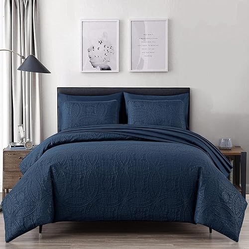 Chezmoi Collection Liam Navy Blue Queen Size Bed in a Bag Comforter Set - 7 Pieces Coin Pattern Lightweight Comforter with Bed Sheets, Pillowcases & Shams Bedding Set for All Seasons