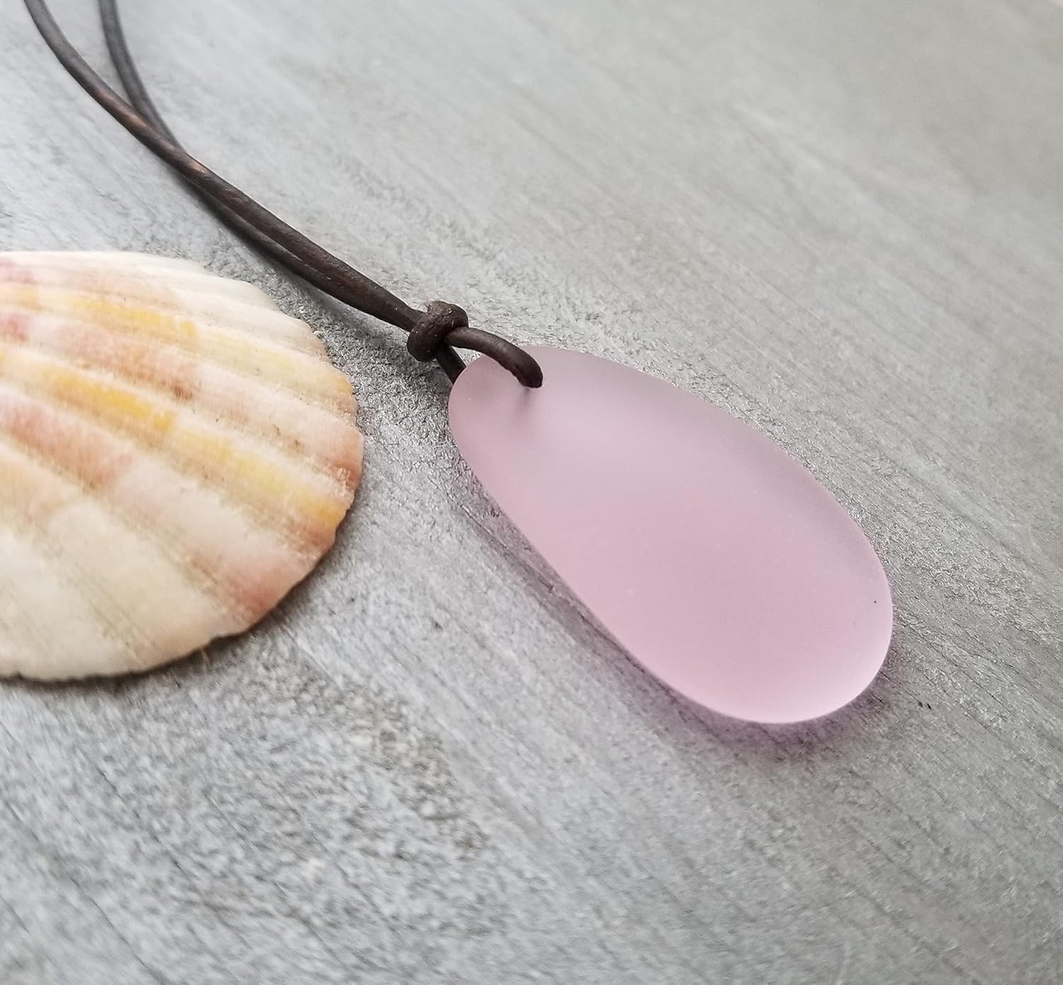 Handmade Leather Cord Large Oval Sea Glass Necklace, Minimalist Design Unisex Hawaii Gift for Him or Her, Unique Activity Jewelry, No Metal Parts