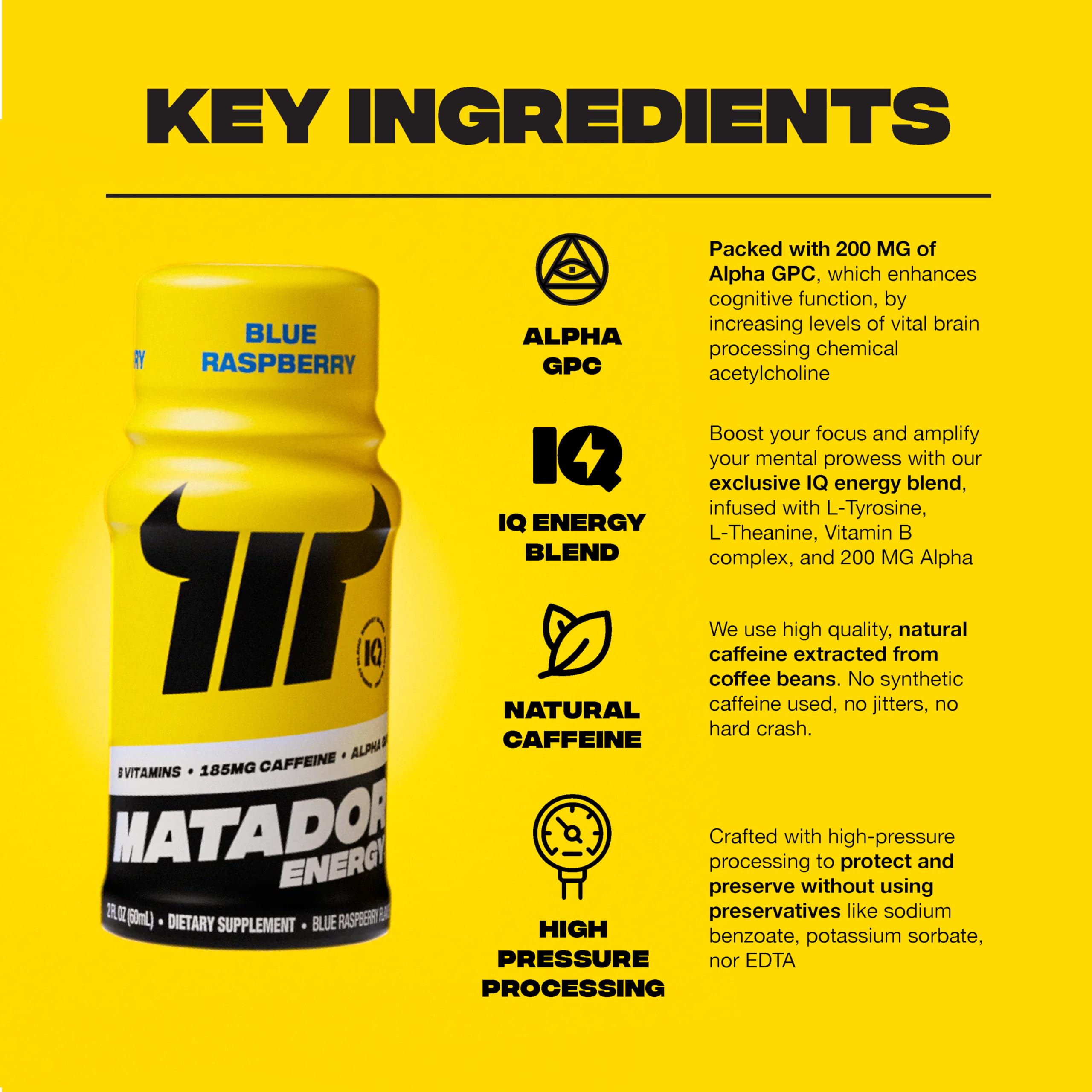 Matador Energy Shots - Blue Raspberry 24 Pack - Nootropic Natural Caffeine Energy Shot, B Vitamin Complex, 200 MG of ALPHA GPC Enhancing Cognitive Function