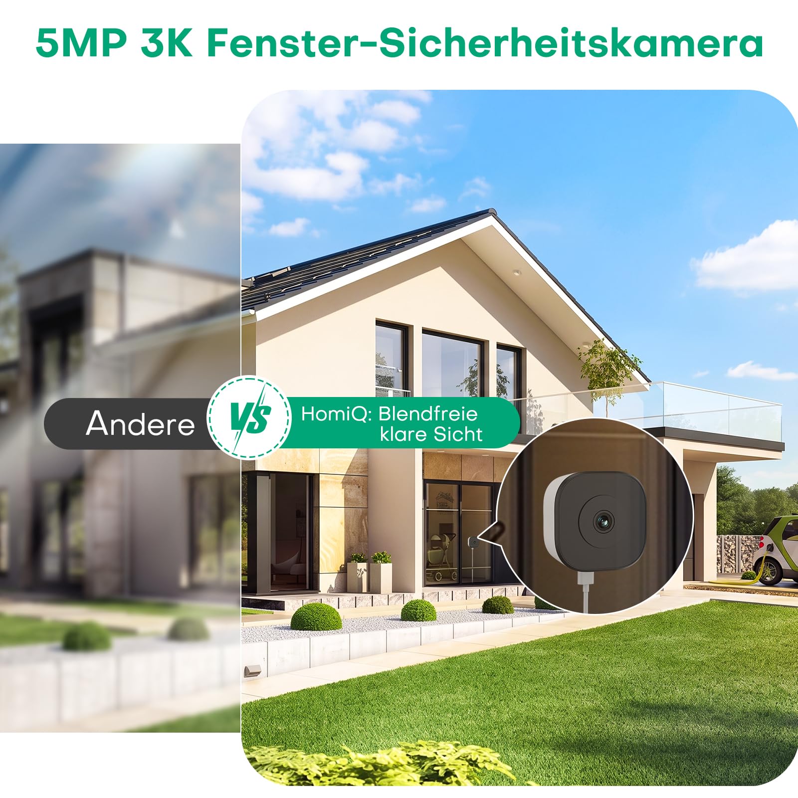 5MP 3K Fensterkamera Innen mit Farb-Nachtsicht, Ohne Bohren, 2,4&5GHz WLAN，Innenkamera, Blendschutz & Antireflex, 24/7 Aufnahme, Bewegungserkennung & App-Steuerung, Personen/Mietwohnungen