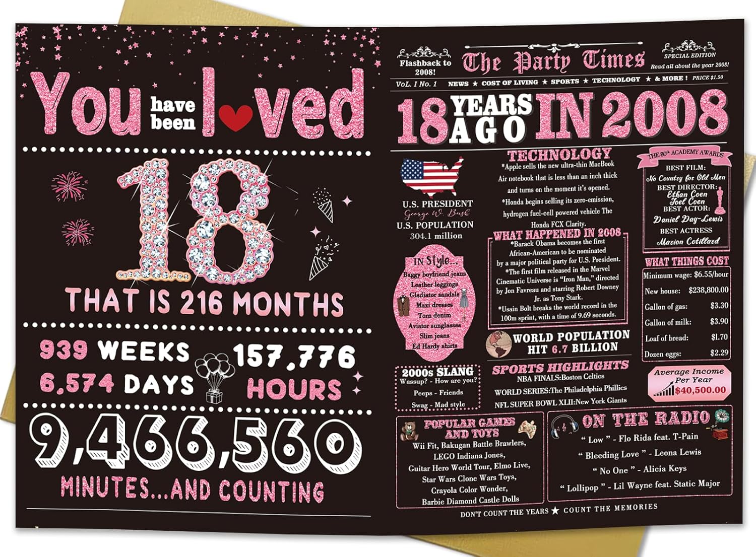 Happy 18th Birthday Card Gifts for Girls, Daughter, Niece, Granddaughter, 18th Birthday Decorations for Girls, Large Birthday Card for 18 Year Old, Funny Back in 2008 Birthday Card, Rose Pink Gold