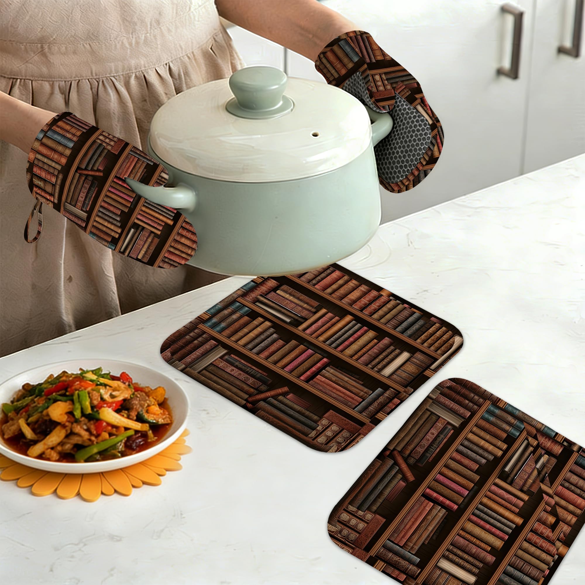 Ofenhandschuhe und Topflappen, Silikon, Küchenzubehör, Set mit 4 hitzebeständigen Handschuhen, Bücherregalen, Topflappen, rutschfester Griff für Koch, Kochen, Backen, Grillen, BBQ