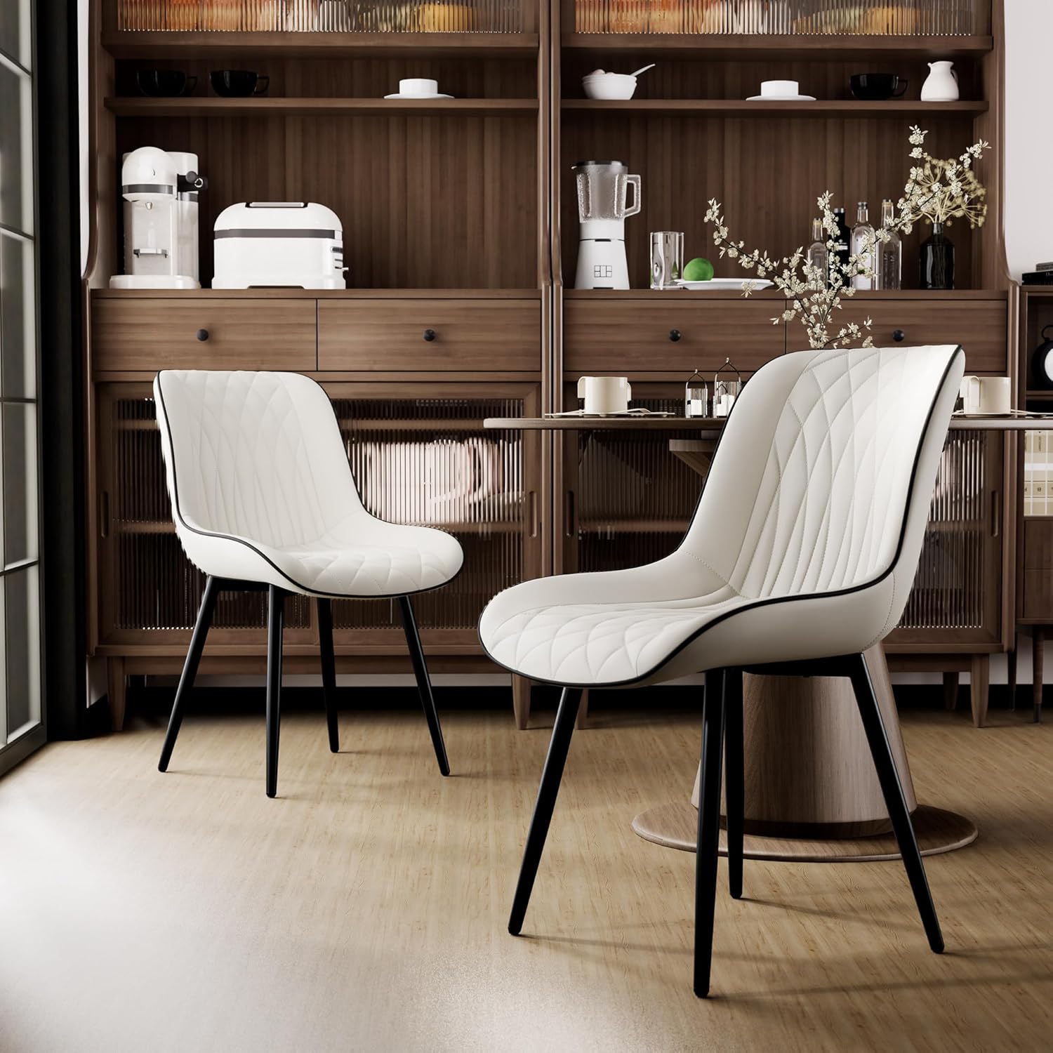 rowill dining chairs set of 2 modern faux leather kitchen chairs with thickened metal frame, scratch-resistant upholstery,widened seat & anti-slip pads, cushioned backrest for kitchen,white white modern