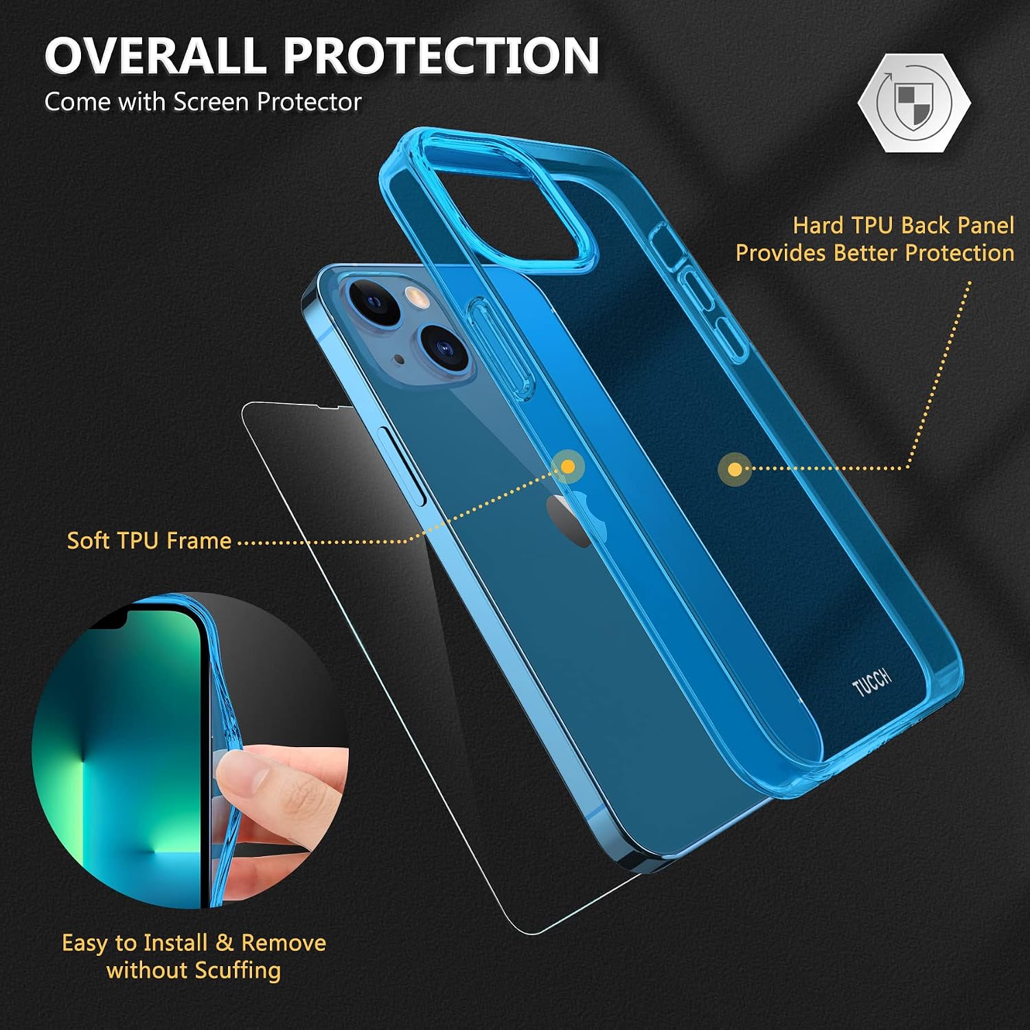TUCCH Compatible with iPhone 13 Mini Case, Cute Slim Clear TPU Full Protection Case, Anti-Scratch [Glass Screen Protector] Transparent Phone Cover for iPhone 13 Mini 5.4", Clear Blue
