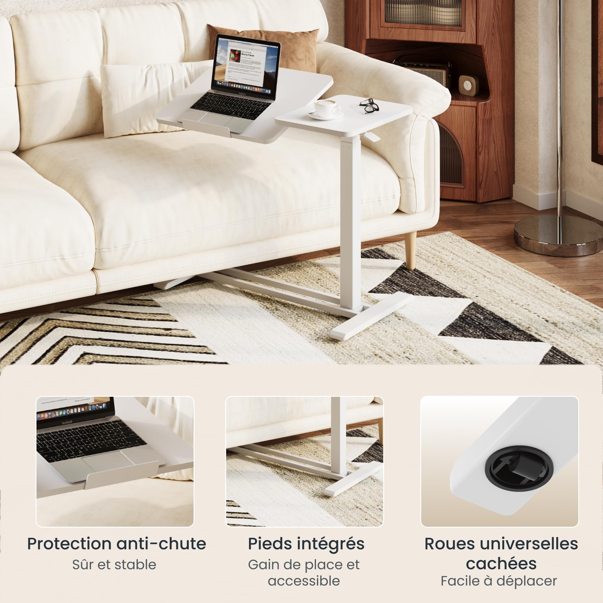 FLEXISPOT Mobilny stolik do łóżka z 4 ukrytymi kółkami – biurko z regulacją wysokości 65-105 cm, blat 80 x 40 cm, obciążenie 70 kg, stolik boczny do laptopa, sypialni, salonu lub sofy (biały)