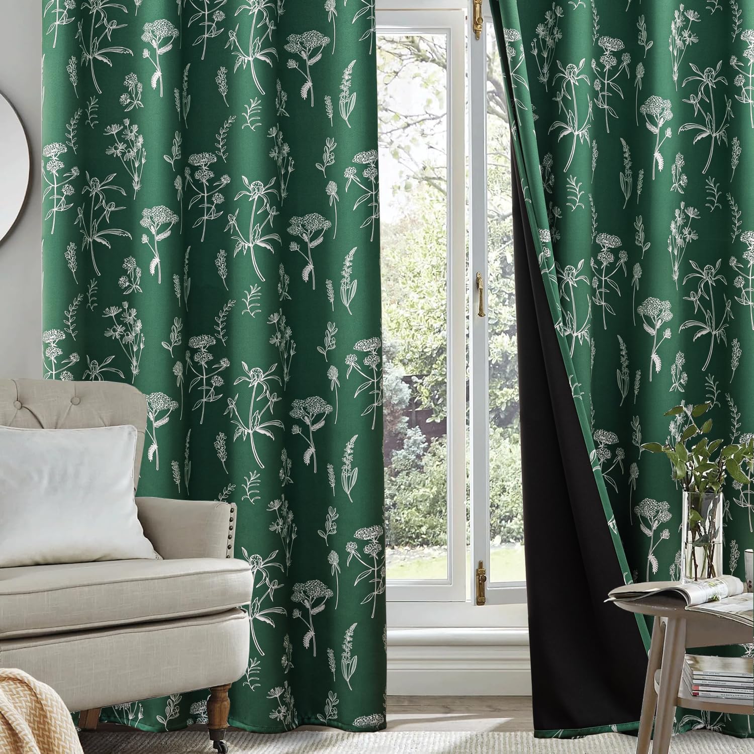 F-CHU Green Floral Curtains 100% Blackout Curtains for Bedroom 84 inch Long 2 Panels Botanical Black Out Curtains for Living Room Grommet Thermal Insulated Room Darkening Window Drapes,52Wx84L