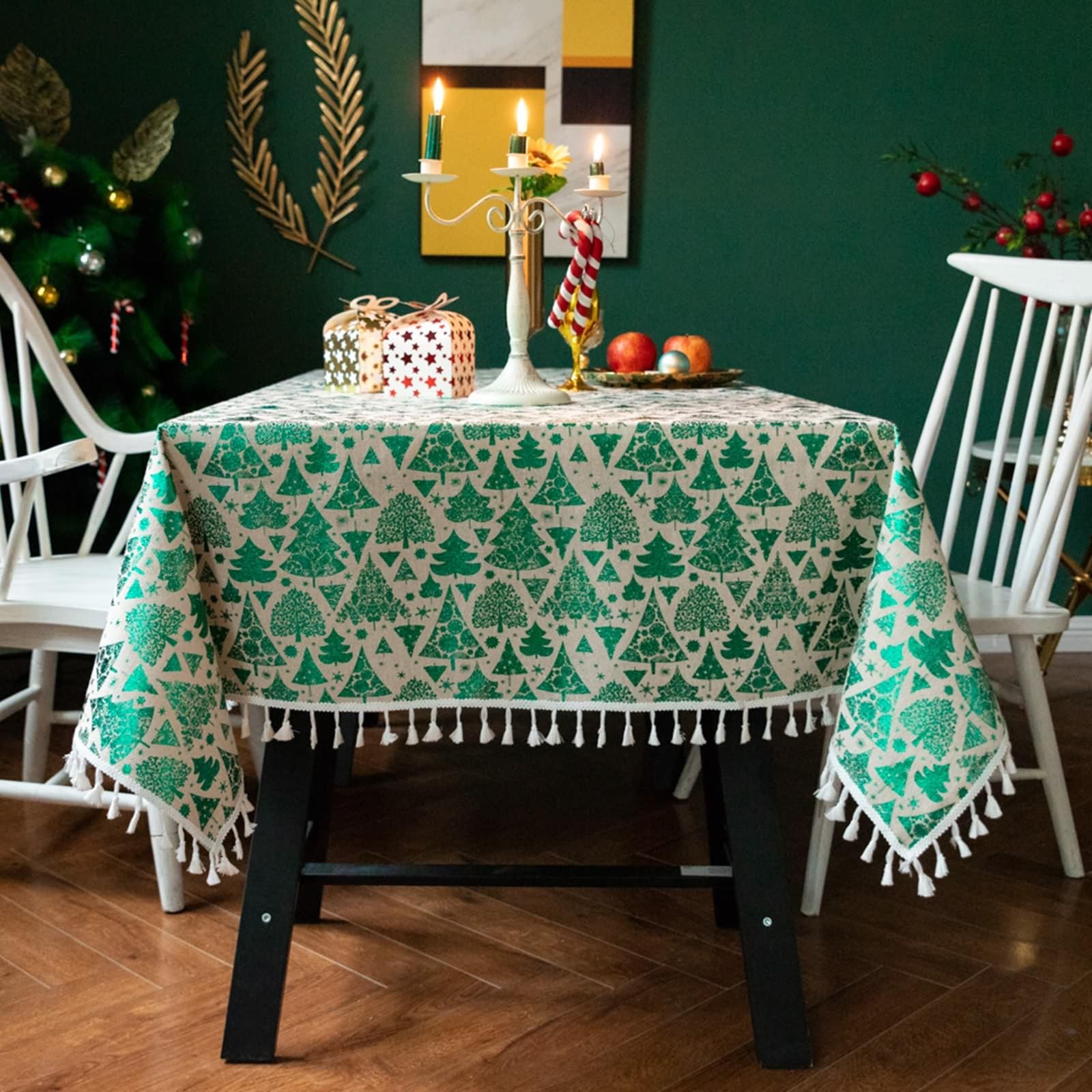 Mesnt Kitchen Table Cloths Rectangular, Linen Christmas TreeTable Cover for Party Picnic Dinner Decor, Green, 55 x 102 Inches