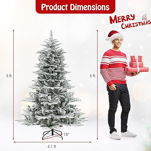 Miniatura 7 de Goplus Árbol de Navidad flocado de nieve preiluminado de 6 pies, árbol de Navidad artificial con bisagras con 350 luces LED blancas cálidas, 1022