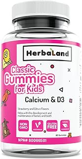 Herbaland Vegetarian Calcium and Vitamin D3 Gummies for Kids - Natural Ingredients Vitamin Supplement for the development and maintenance of bones and teeth - Strawberry and Citrus Flavor - 60 Gummies
