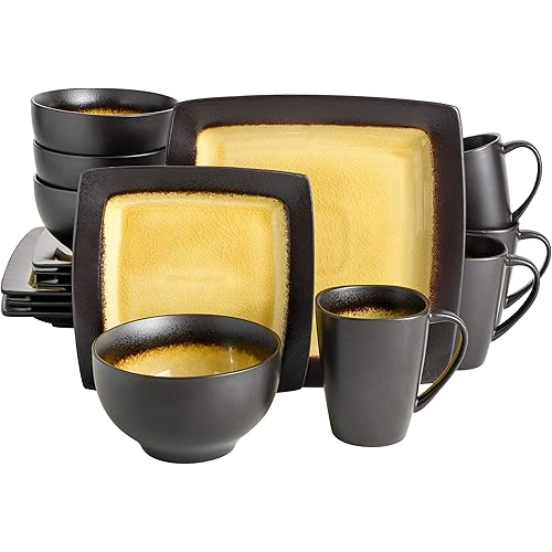 Gibson Elite Ocean Paradise Square Reactive Glaze Stoneware Dinnerware Set, Service for 4 (16pcs), Amber