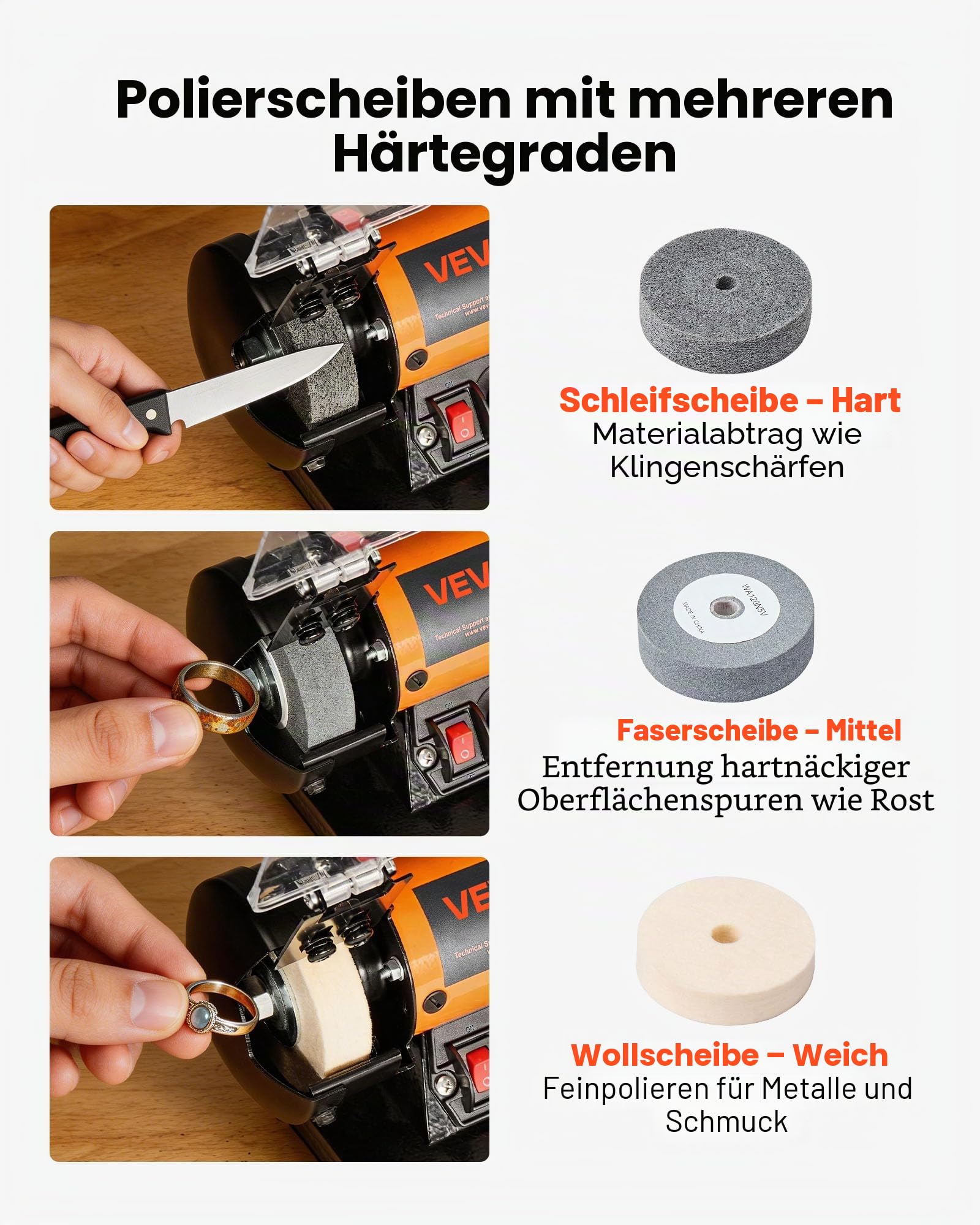VEVOR Doppelschleifer 8300–10600 U/min Einstellbar, Doppelschleifmaschine mit Schleif-, Faser- & Wollscheiben, 100-tlg. Zubehörset, Schleifbock für Schmuck, Holz, Metall, Rohstein, Jade (DIY)