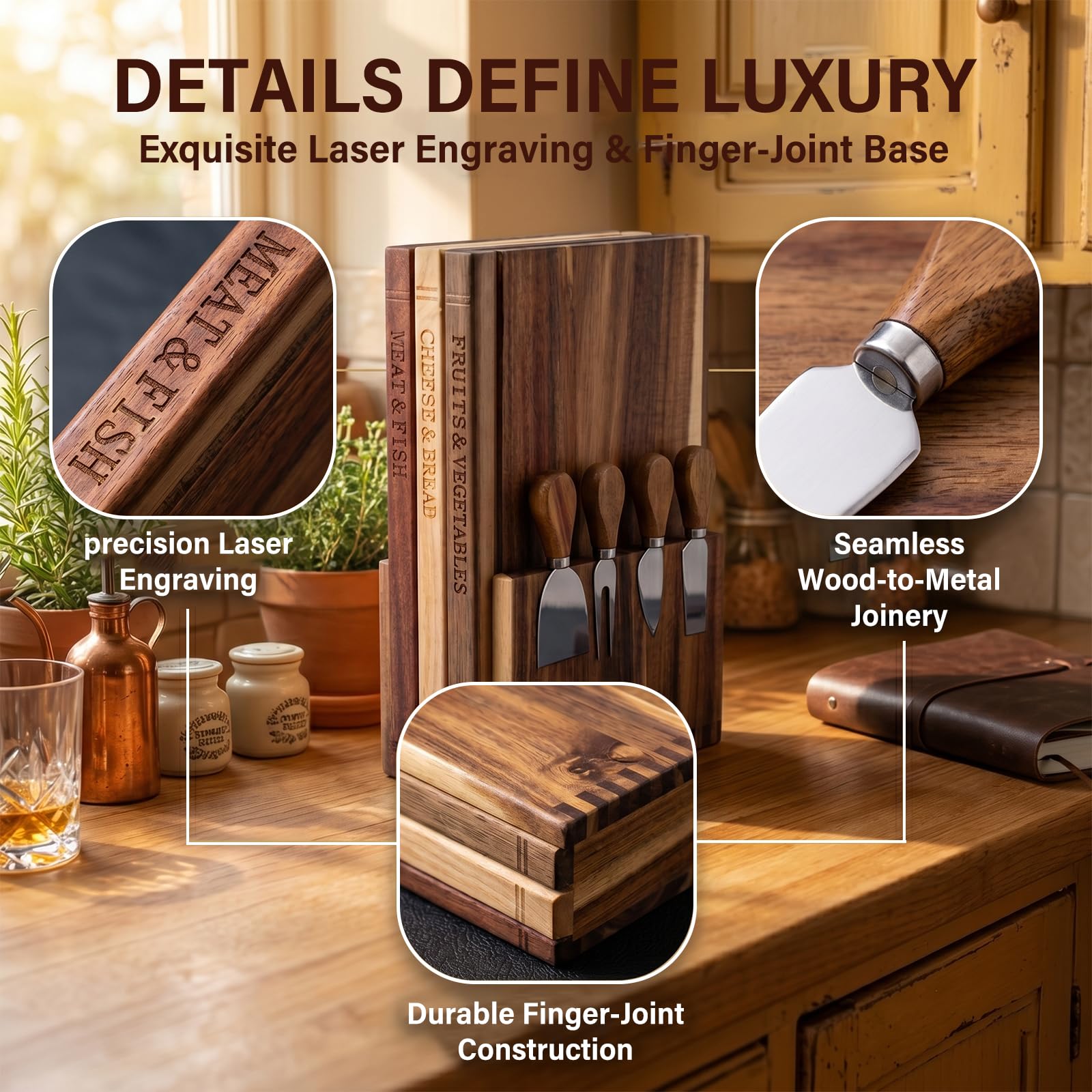 Set de 3 Tablas de Cortar con Forma de Libro para Cocina, Tabla de Quesos y Jamón de Acacia con 4 Cuchillos y Soporte, Regalo de Inauguración de Casa, 33x25x2 cm