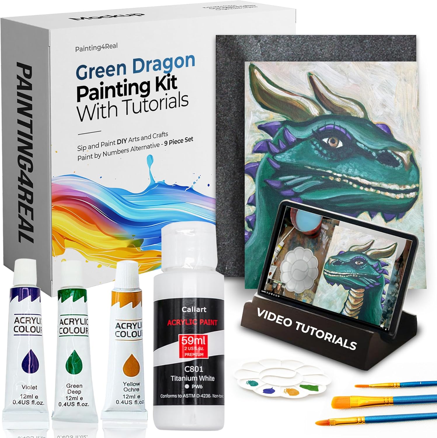 Painting4Real DIY Painting Class Kits for Adults with Video Tutorials, Learn to Paint Green Dragon, How to Paint with Acrylic Paint Sets for Adult, 9 Peices Art Set & Painting Supplies Gifts for Mom
