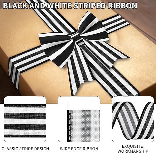 Miniatura 3 de Cinta de alambre con rayas blancas y negras - 1.5 pulgadas x 10 yardas, cinta de primera calidad para envolver regalos, decoración navideña