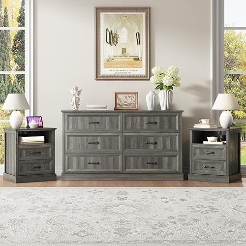CARPETNAL Farmhouse Dresser and Nightstand Sets for Bedroom, 3 Pcs Bedroom Set, 6 Drawer Dresser & Nightstand Set of 2, Modern Wood Chest of Drawers for Bedroom, Living Room, Entryway, Grey