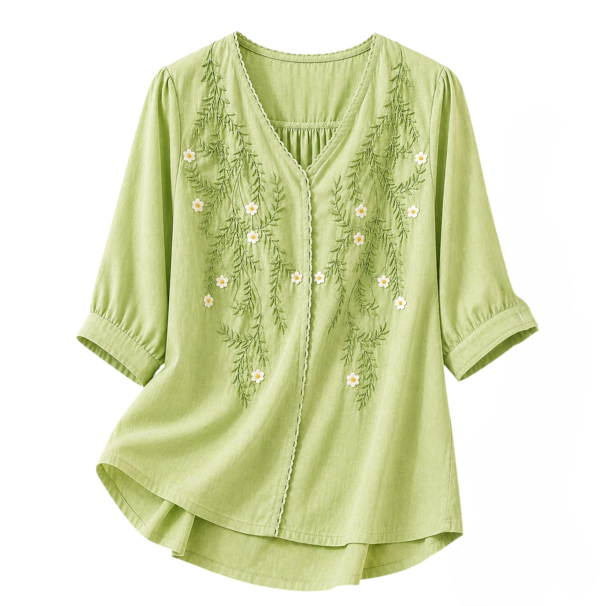 rieka Womens Embroidered Korean Style Top and Tunic; V Neck| Floral Thread Embroidery| Three Quarter Puff Sleeves |Relaxed Fit Curved Hem| Casual Everyday Fusion Top-picture-38