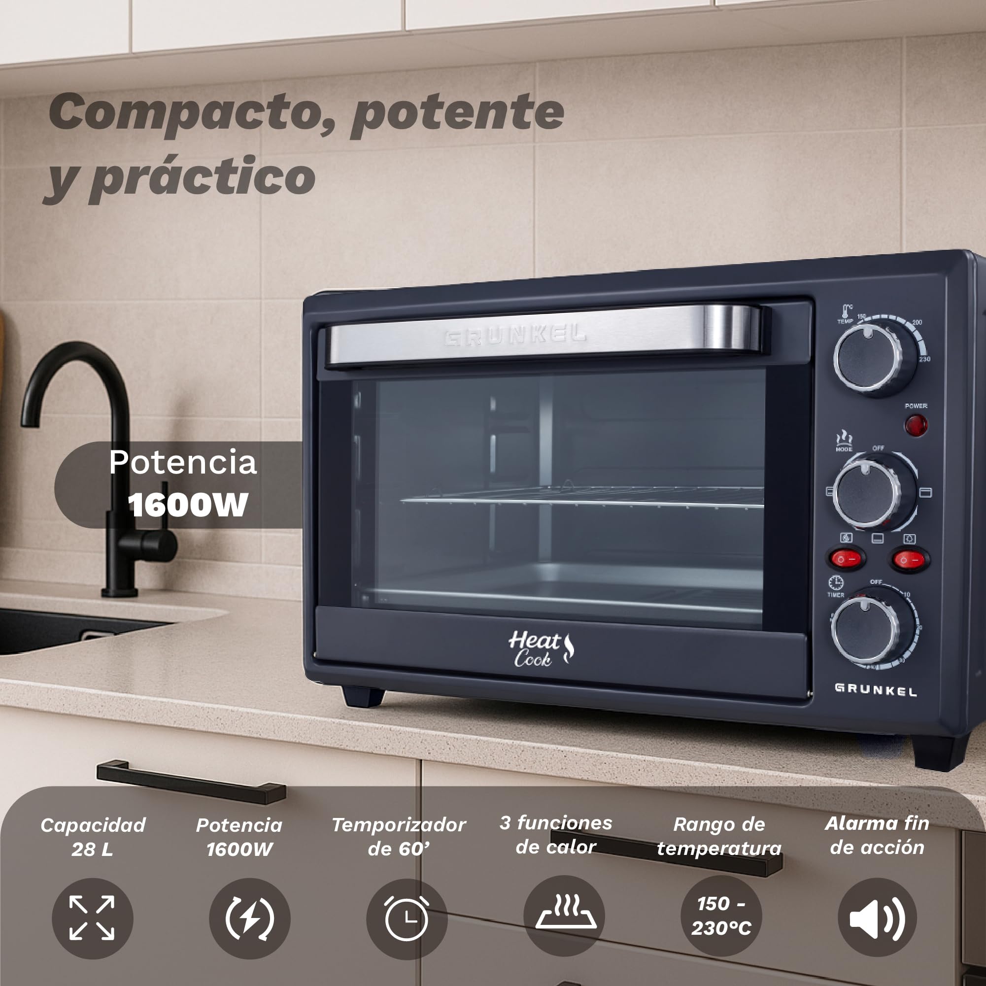 Grunkel Forno elettrico multifunzione da tavolo da 28 l con 3 funzioni di calore e selettore di temperatura fino a 230 °C. Timer fino a 60 min - 1600 W