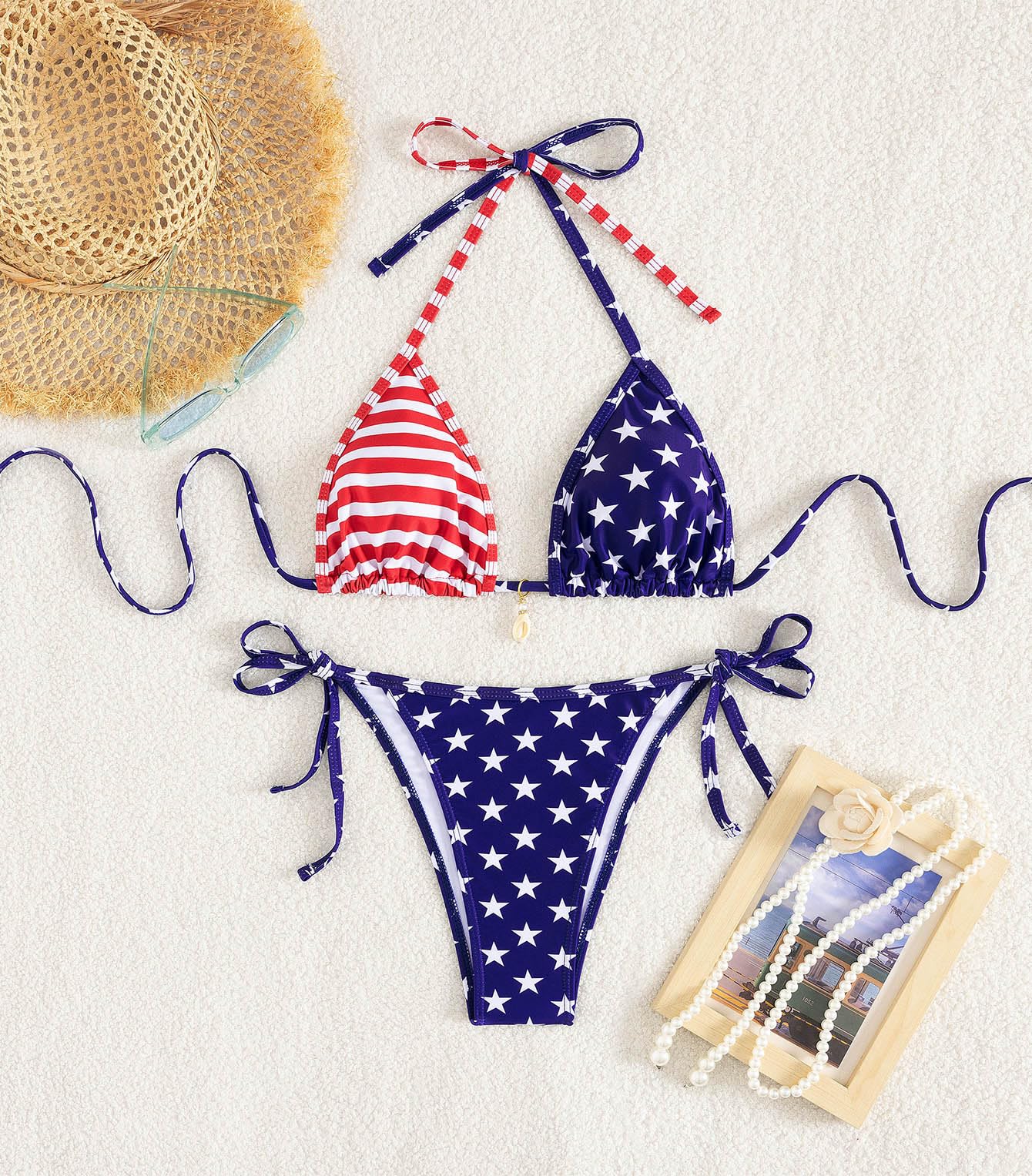 Tainehs Women's Sexy Halter Bikini Set Triangle Top String Swimwear Two Piece Swimsuits Cheeky Bathing Suit: American Flag Medium