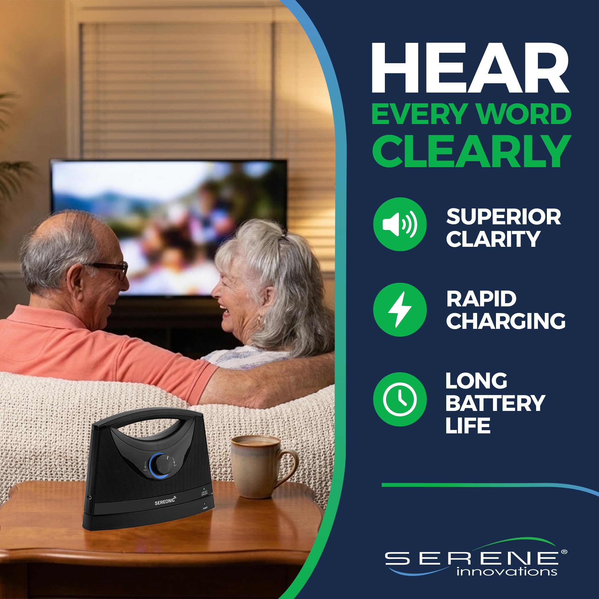 SEREONIC Amplificateur vocal TV portable sans fil - Idéal pour personnes âgées - Amplificateur auditif avec portée de 30 m - Haut-parleur vocal
