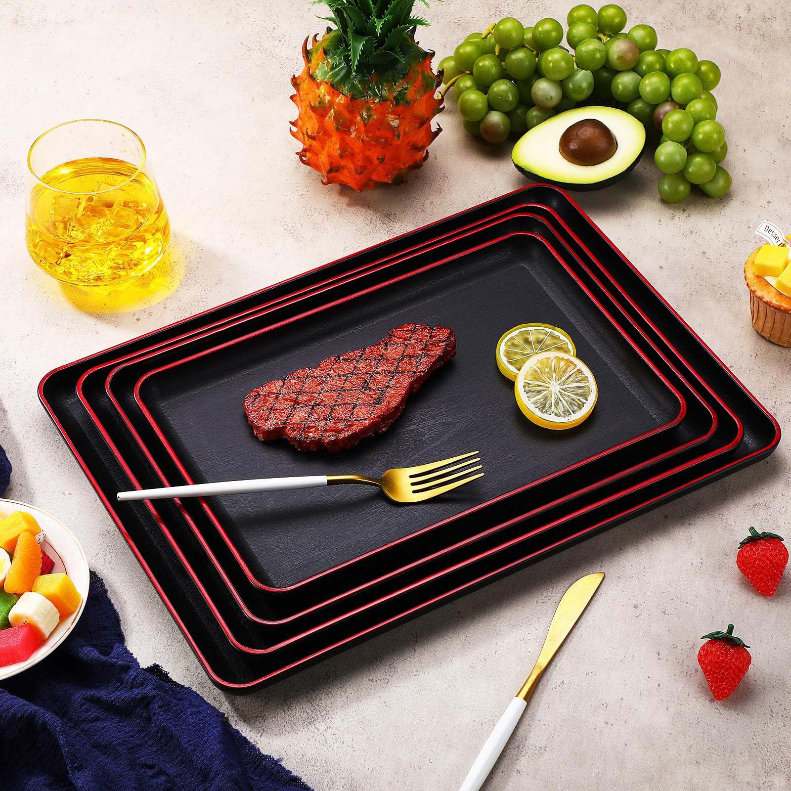Rtteri Juego de 4 platos grandes de 15/14/13/12 pulgadas, bandejas de plástico irrompibles para servir alimentos, bandeja reutilizable para fiestas, bodas, hoteles, restaurantes, cenas en casa (negro