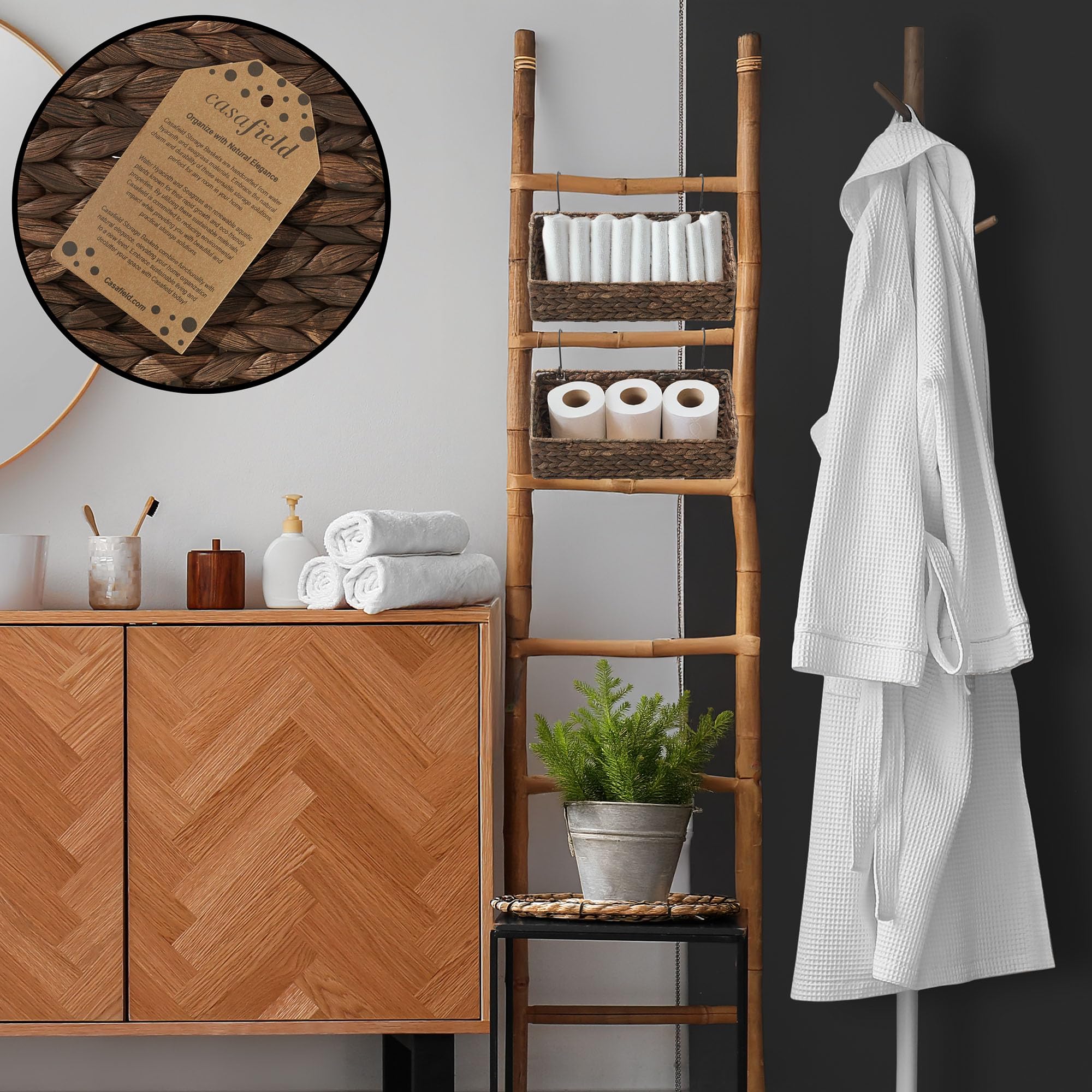 Casafield Set of 2 Hanging Baskets with Hooks - Espresso, Hyacinth Woven Wall Mounted Storage Bins for Kitchen, Bathroom, Laundry Room, Home Office