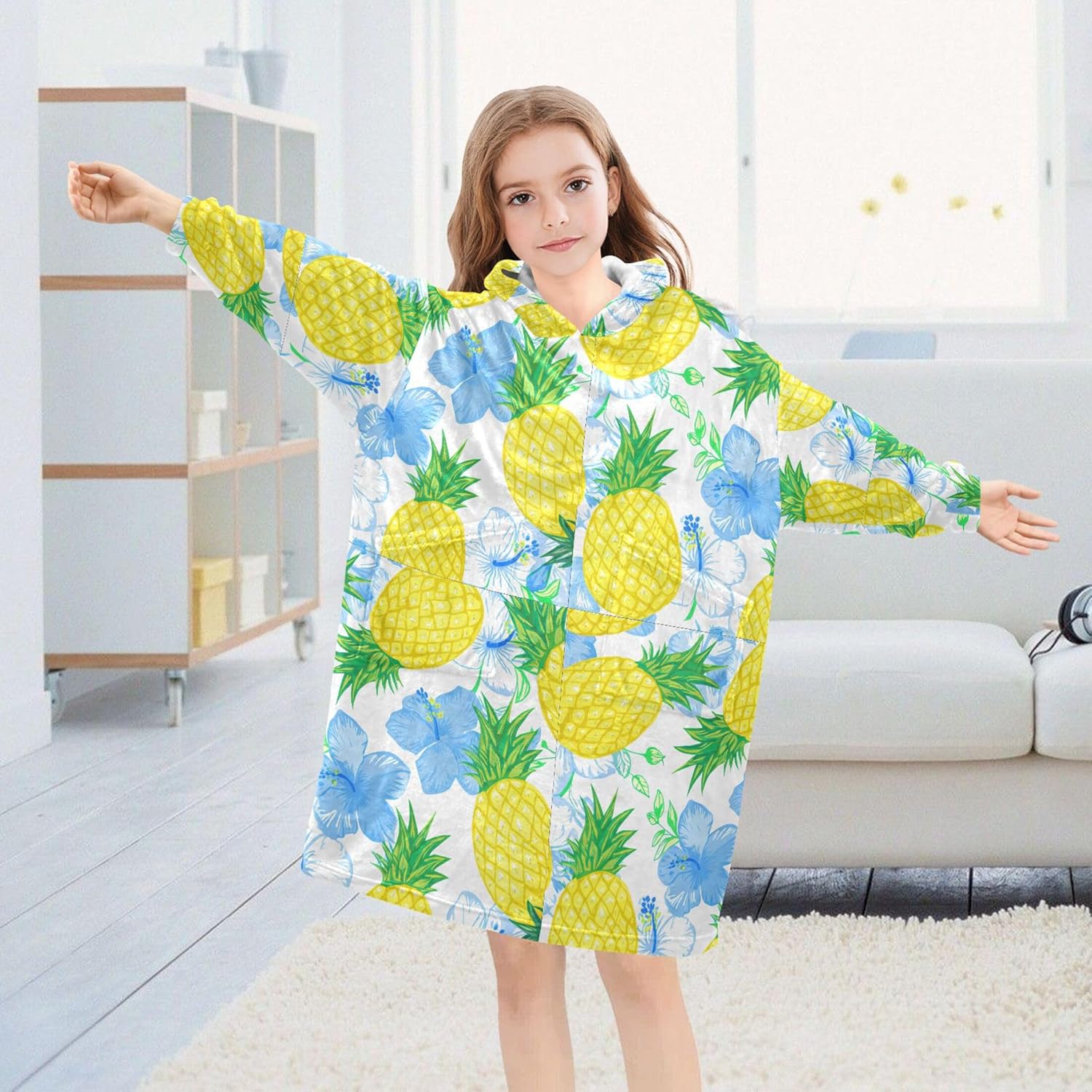 Pineapple Fruit Flower Kids Wearable Blanket Hoodie with Pocket and Sleeves for Toddlers, Cute Hoodies Girls Boys