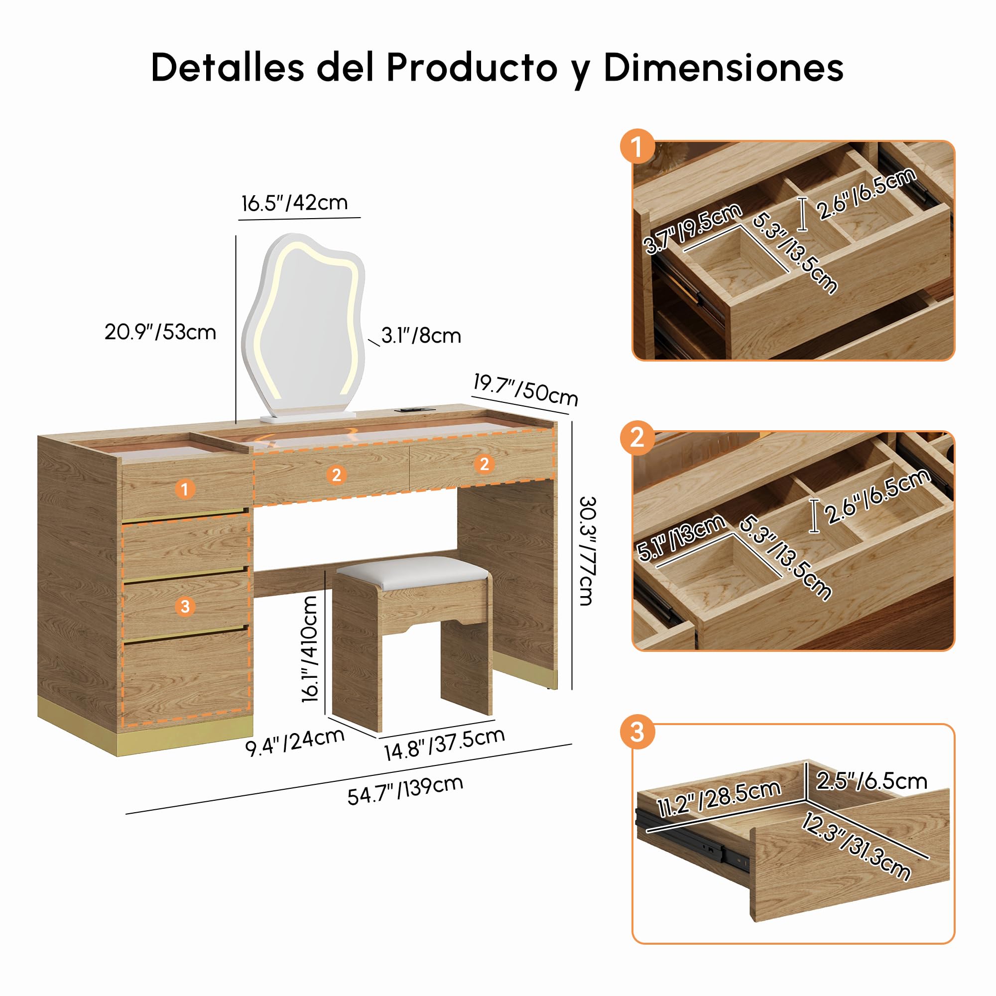Homary Tocador de Maquillaje 140 cm con Taburete, Tocador de Maquillaje Moderno con Espejo LED, Mesa de Cristal con USB y Joyero con LED Luz, Natural