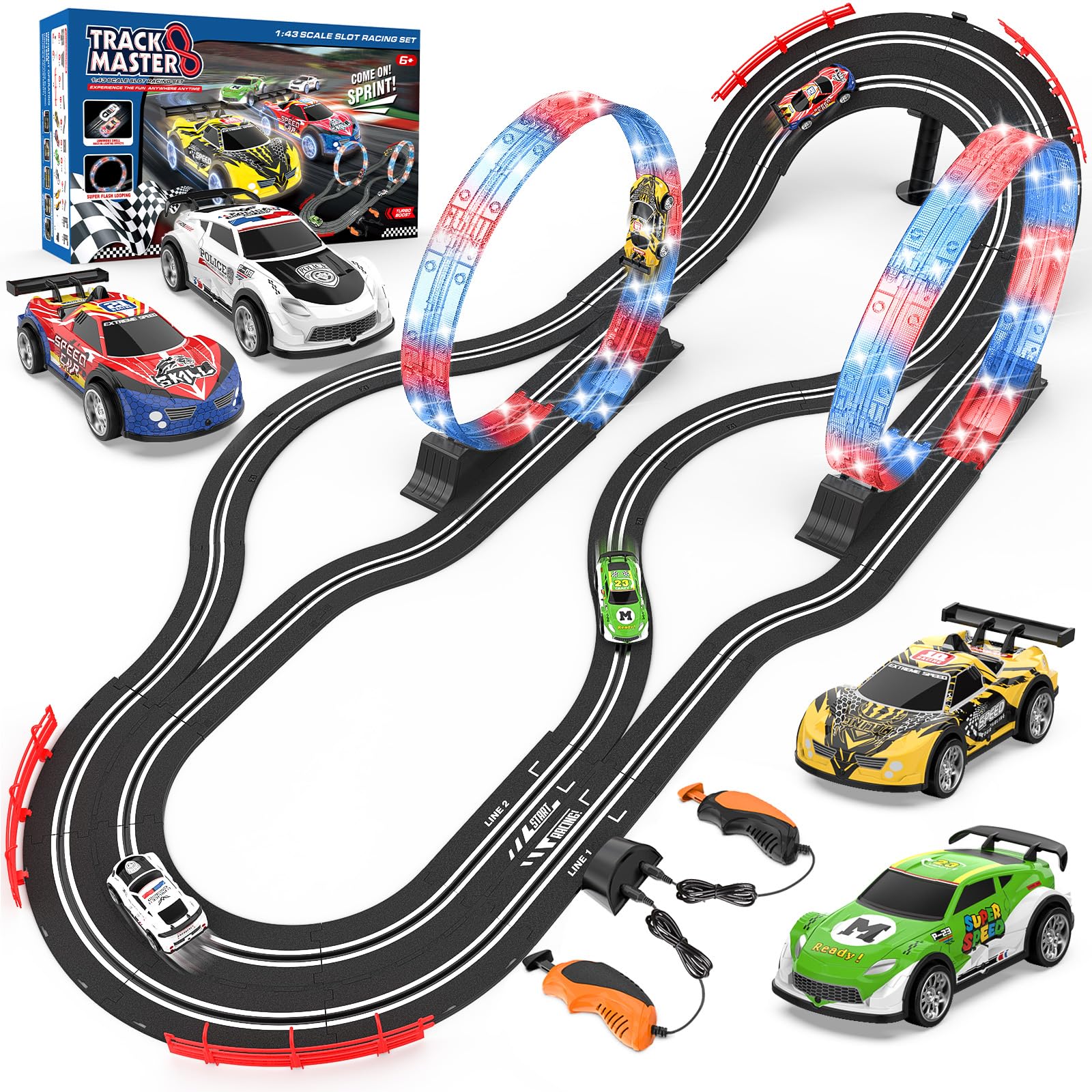KmuxilalSlot Car Race Track Sets with 4 Slot Cars, 2 in 1 Electric Race Car Track Include Slope Circular Overpass Track, Dual Racing Game Featuring Flash Tracks, Gifts Toys for Boys Kids Age 6 7 8-12