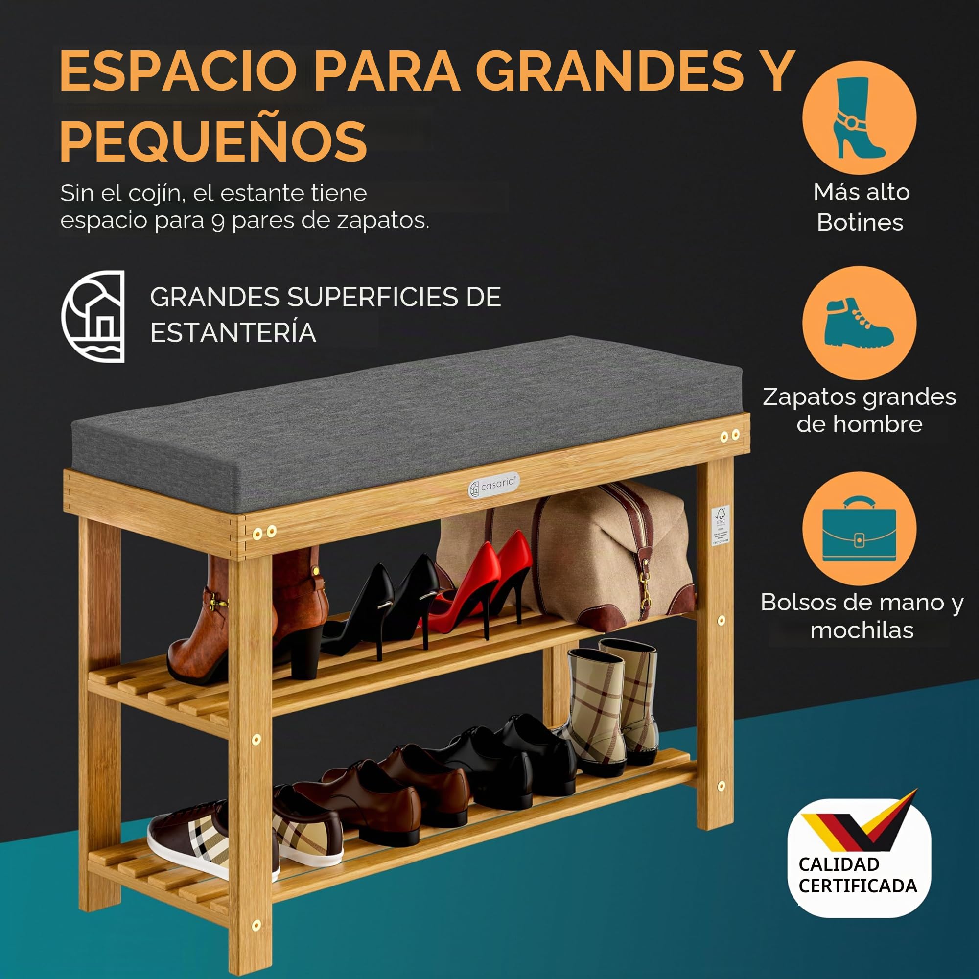 CASARIA® Banco Zapatero Estantería Zapatos Asiento con Cojín 5cm Certificado FSC® Pasillo Entrada Dormitorio