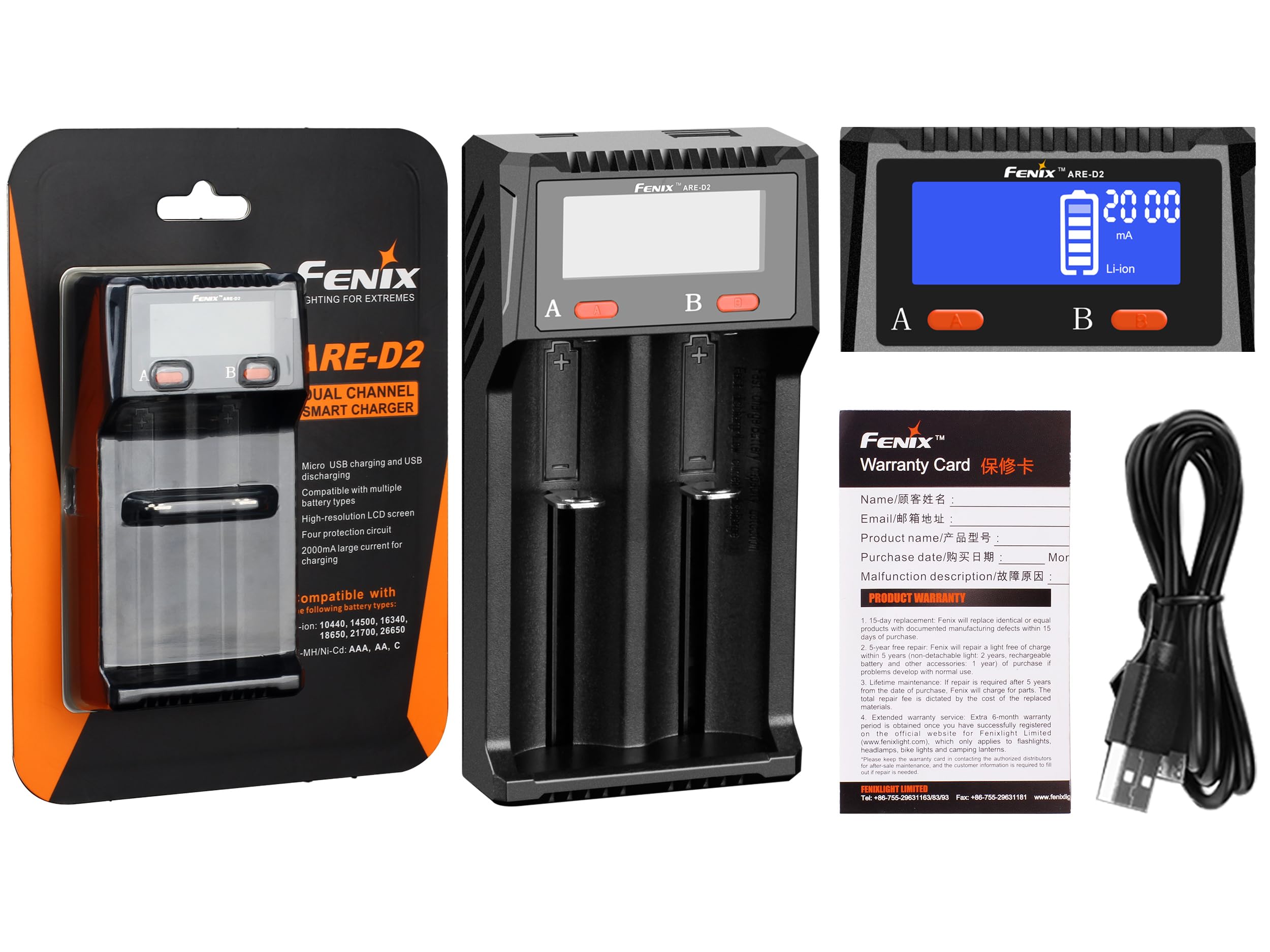 Fenix Black Are-D2, 2 Bay Usb Smart Battery Charger Inc Lcd Screen | Fast Charging | Power Bank Function | Charges Li-Ion 10440 14500 16340 18650 21700 26650 & Ni-Mh/Ni-Cd Aa Aaa C | Multi-Protection