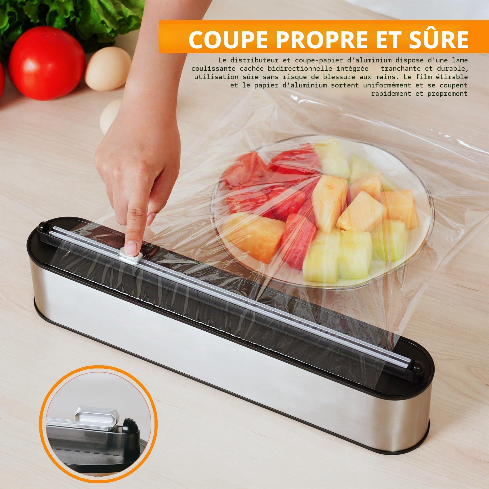 Derouleur Film Alimentaire - Fixation Magnétique et Murale sans Perçage, Distributeur Papier Aluminium et Film pour Organisation la Cuisine - Inclus 2x100m Rouleaux, Acier Inox Argenté