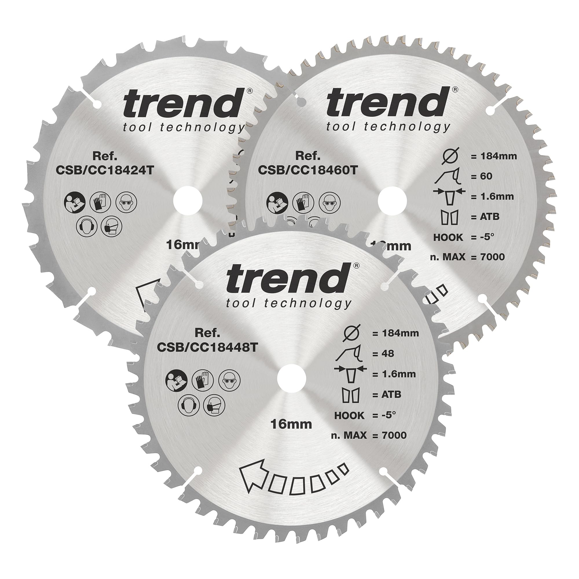 Trend Wood Cordless Mitre Saw Blades, 184mm Diameter, 16mm Bore, 24/48/60 Teeth, 1.6mm Kerf, -5° Hook, TCT, Medium/Fine/Extra-Fine Finish, 3 Pack, CSB/CC184/3PK