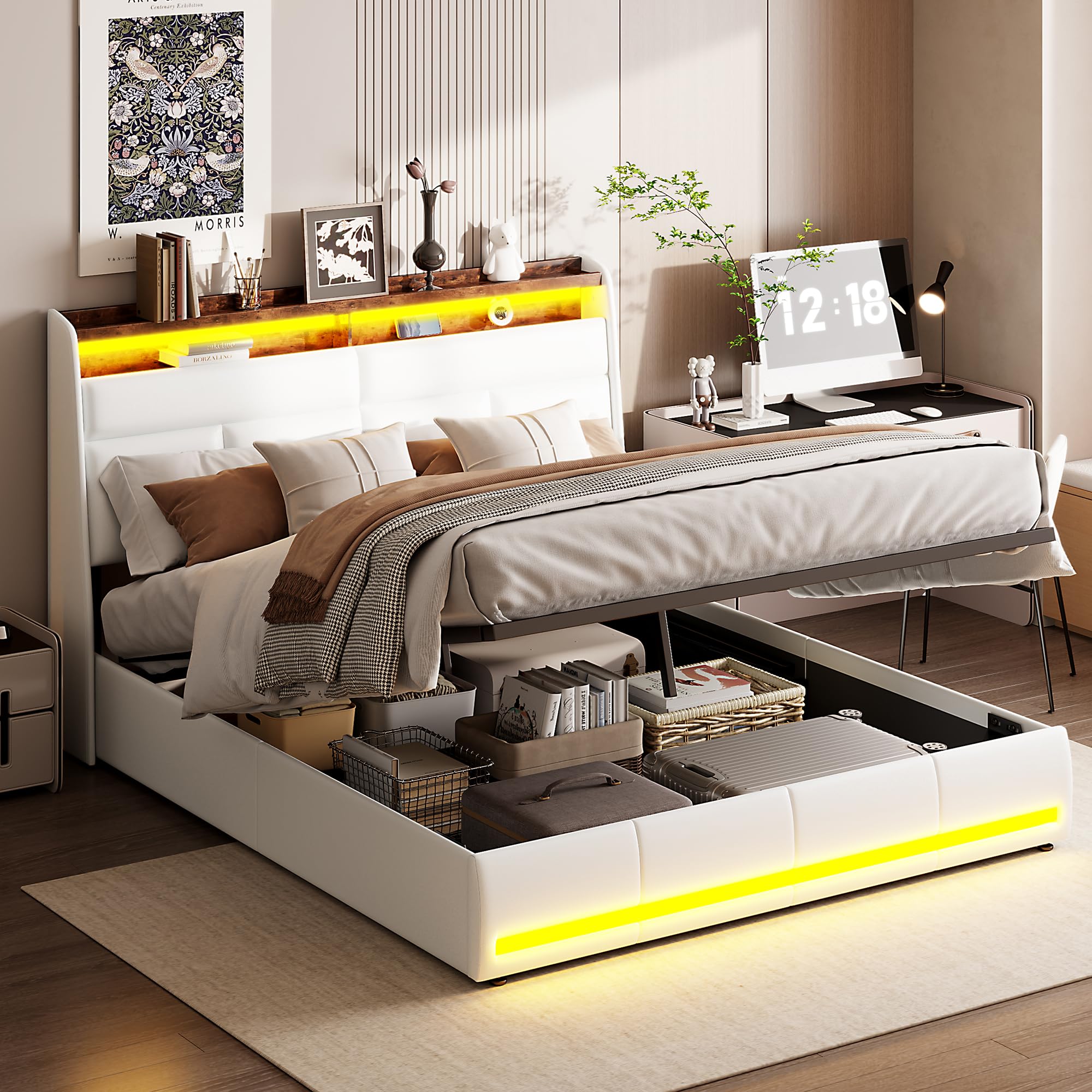 Letto contenitore 140x200 cm con LED, USB e testiera con vano portaoggetti, lino grigio, senza materasso | Leroy Merlin