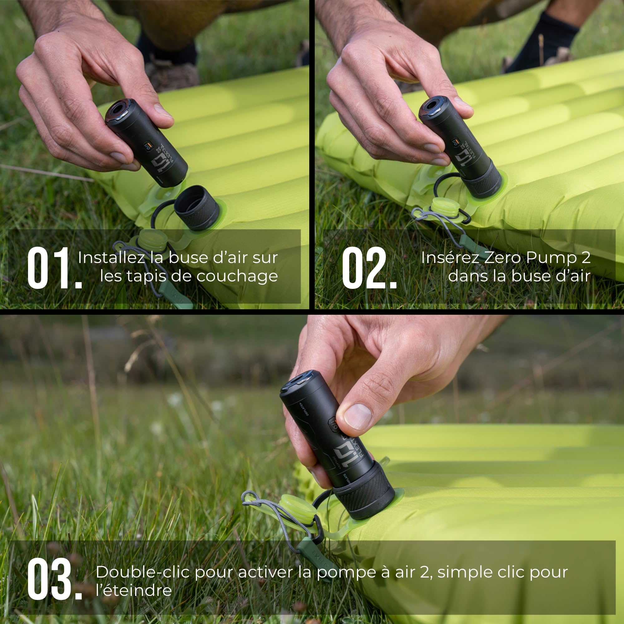 FLEXTAILGEAR Mini pompe à air, 28 g, ultralégère, 3,5 kPa 200 l/min, gonflage et dégonflage rapides, batterie interchangeable, 6 buses pour matelas de camping, matelas à air, sacs sous vide