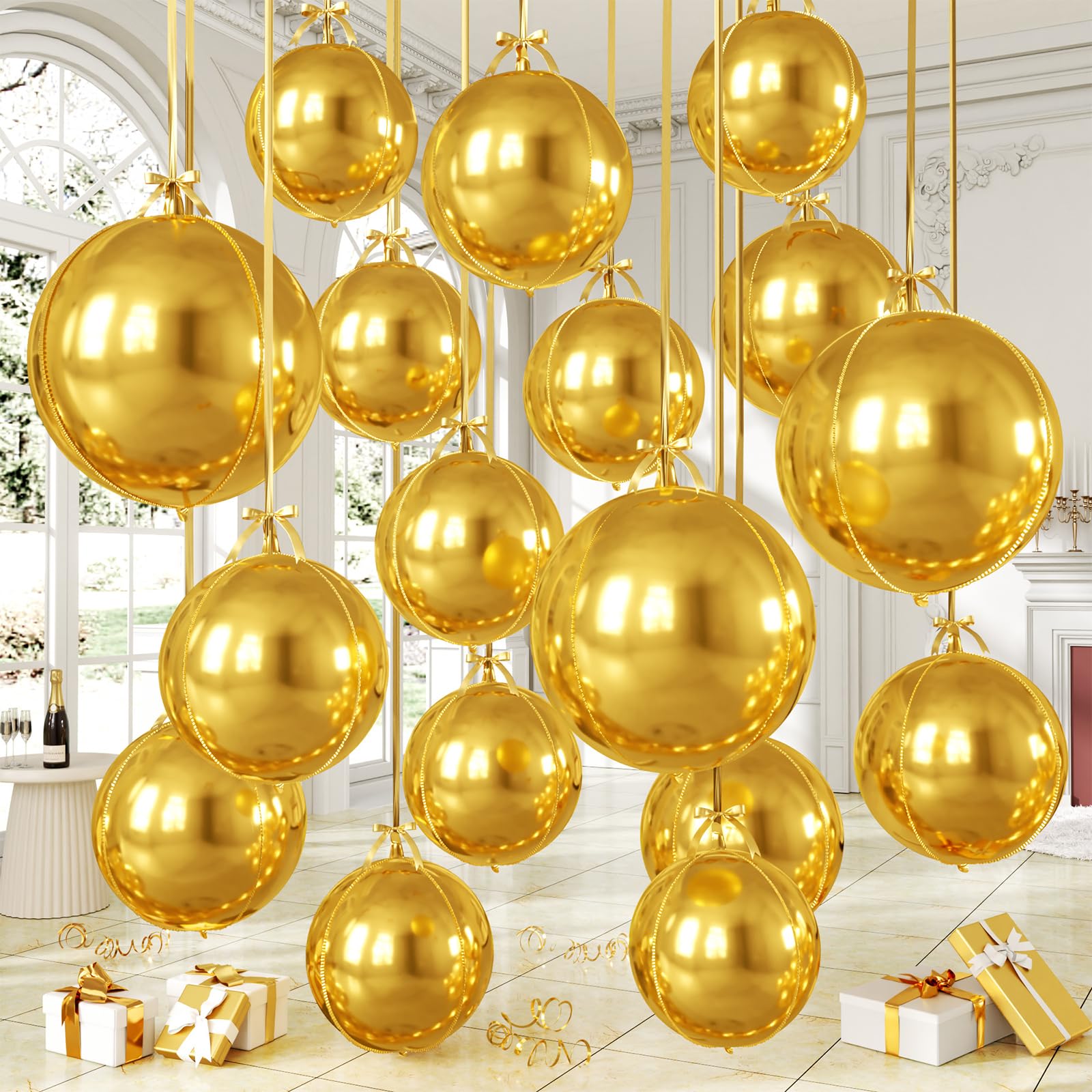 14 Pcs Gold Round Foil Balloons 22/15/10 4D Ball Balloons Metallic Golden Balloon Ornament Mylar Balloon Chrome for Graduation Birthday Wedding Anniversary New Year Disco Party Decorations
