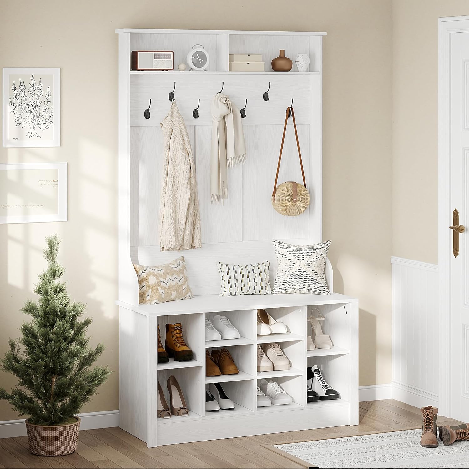 WOODTIME Hall Tree with Bench and Adjustable Shoe Storage, Multi-Purpose Entryway Bench with Coat Rack, Open Shelves and 7 Hanging Hooks, White